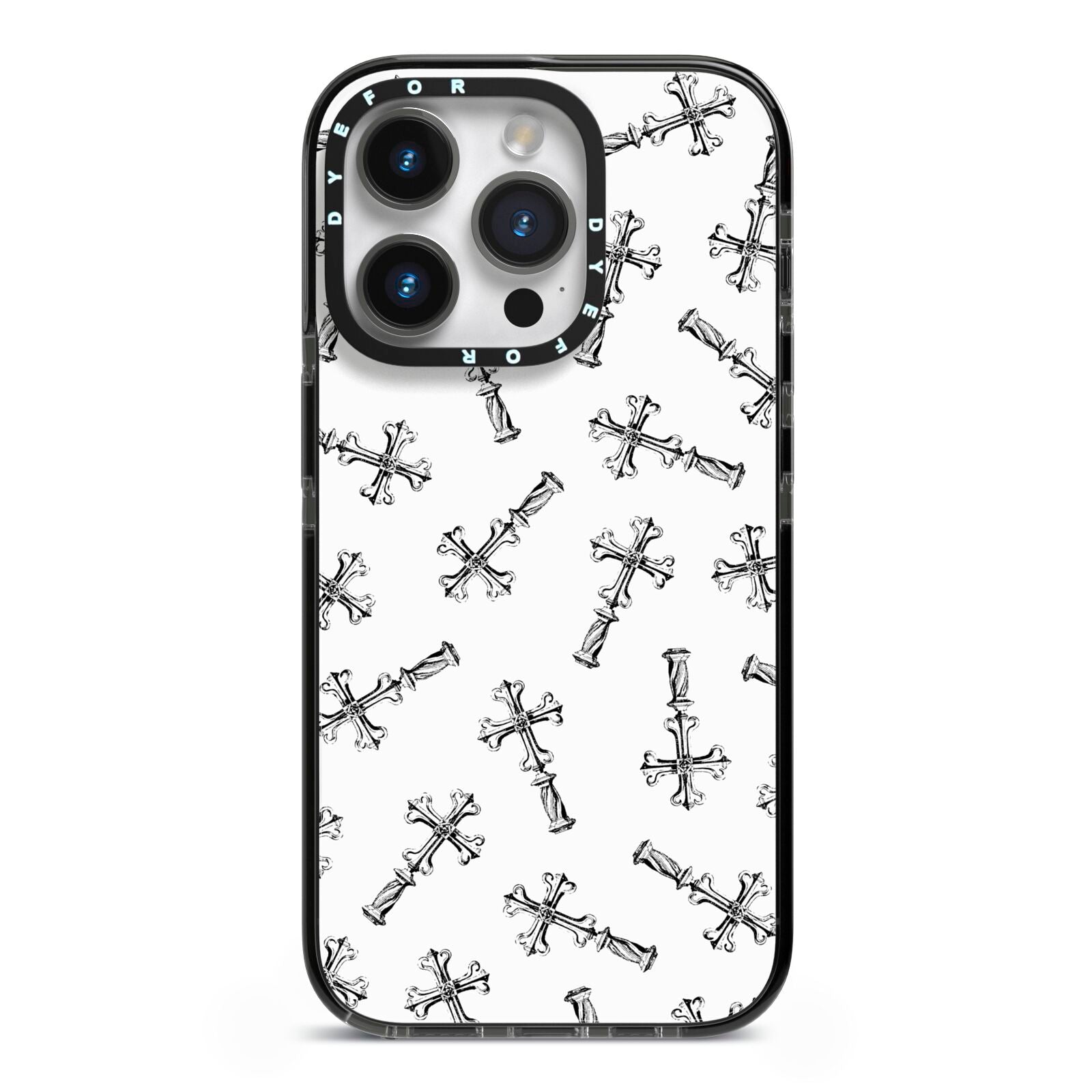 Monochrome Crosses iPhone 14 Pro Black Impact Case on Silver phone