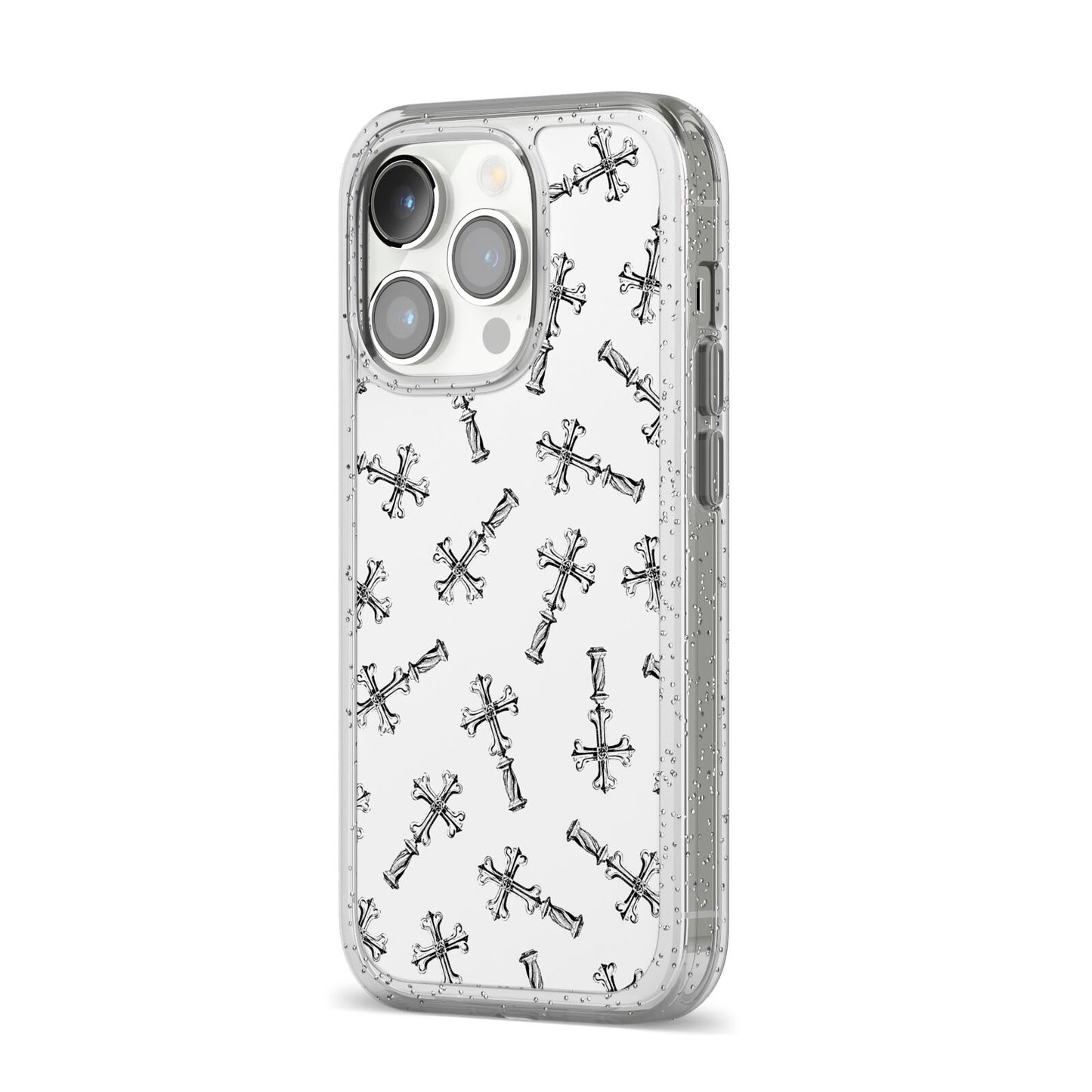 Monochrome Crosses iPhone 14 Pro Glitter Tough Case Silver Angled Image