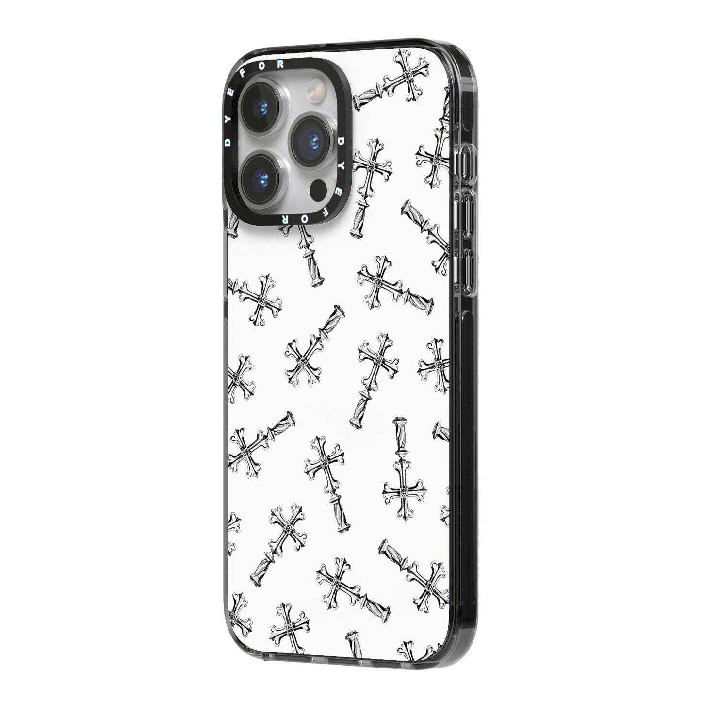 Monochrome Crosses iPhone 14 Pro Max Black Impact Case Side Angle on Silver phone