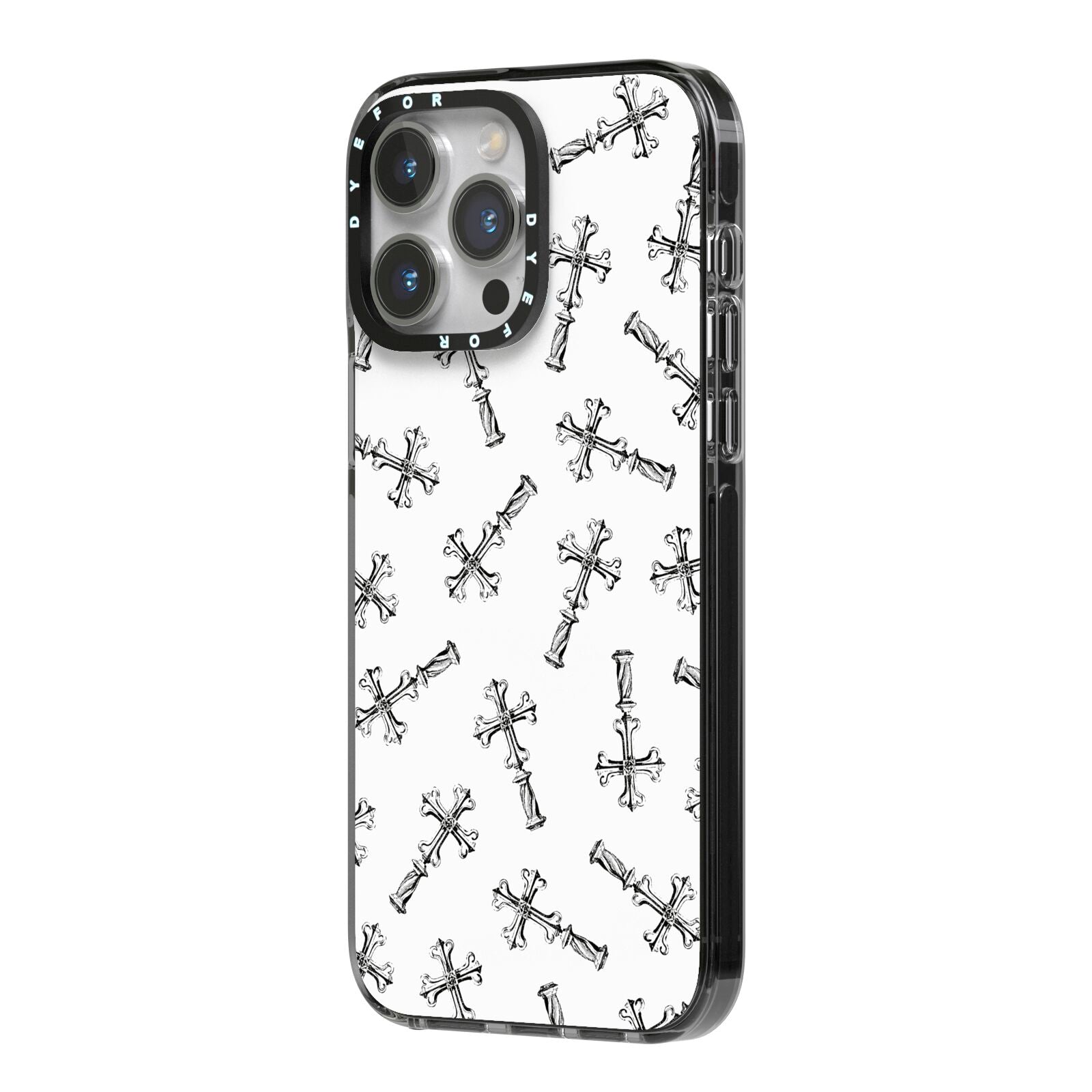 Monochrome Crosses iPhone 14 Pro Max Black Impact Case Side Angle on Silver phone