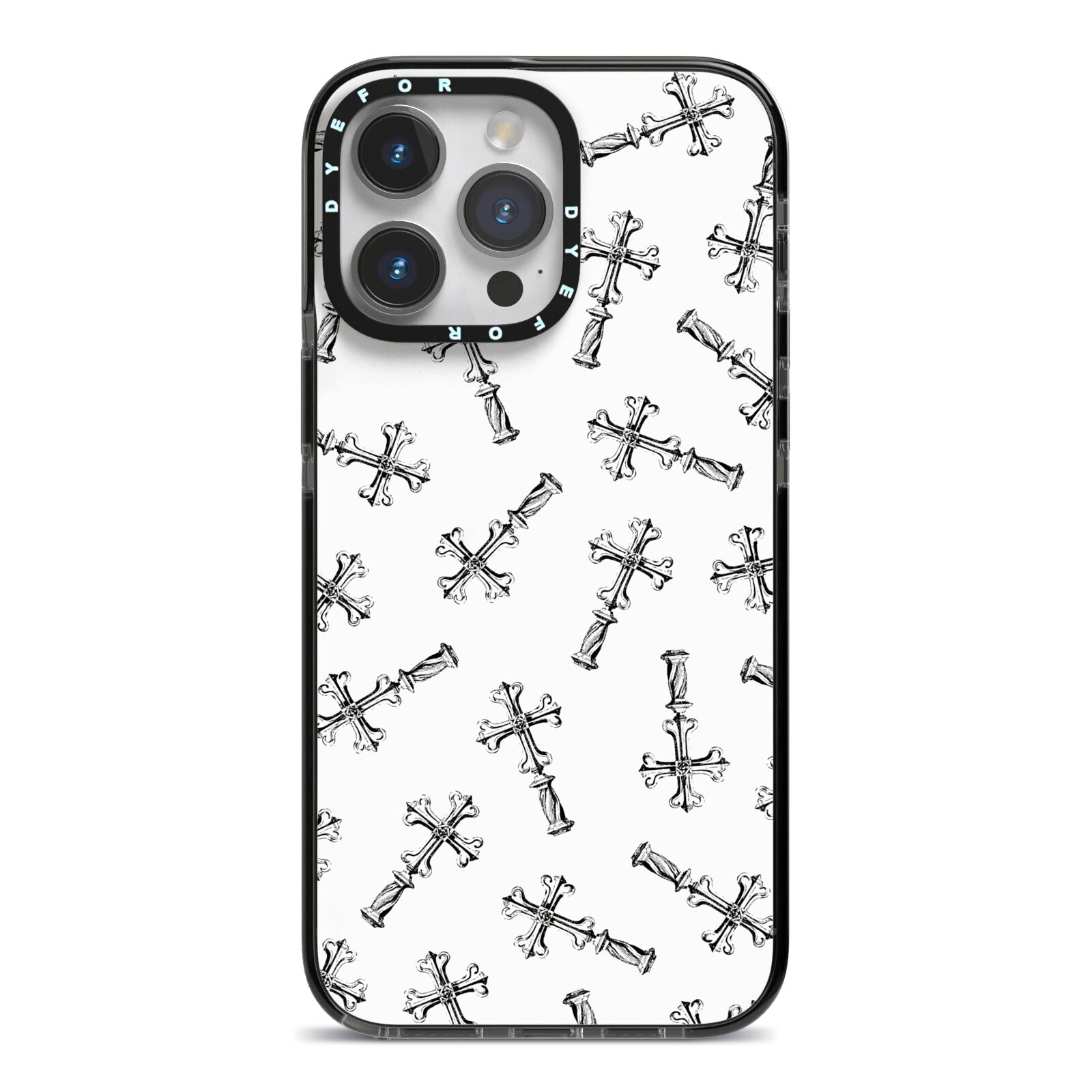 Monochrome Crosses iPhone 14 Pro Max Black Impact Case on Silver phone