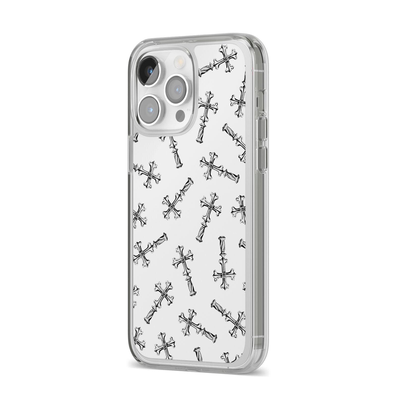 Monochrome Crosses iPhone 14 Pro Max Clear Tough Case Silver Angled Image