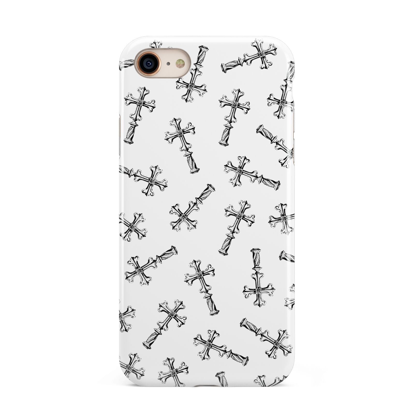 Monochrome Crosses iPhone 8 3D Tough Case on Gold Phone