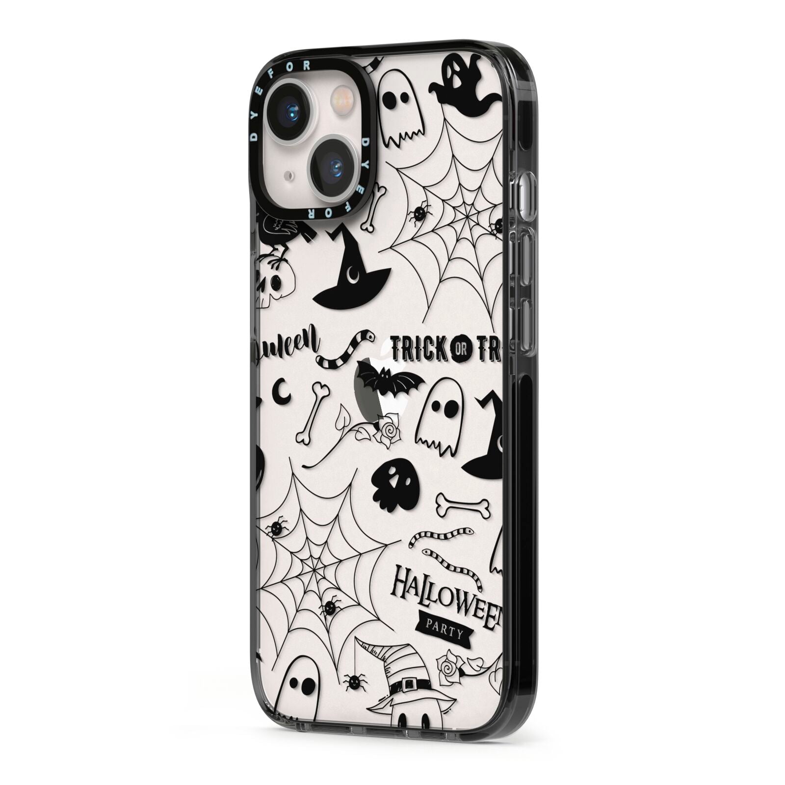 Monochrome Halloween Illustrations iPhone 13 Black Impact Case Side Angle on Silver phone