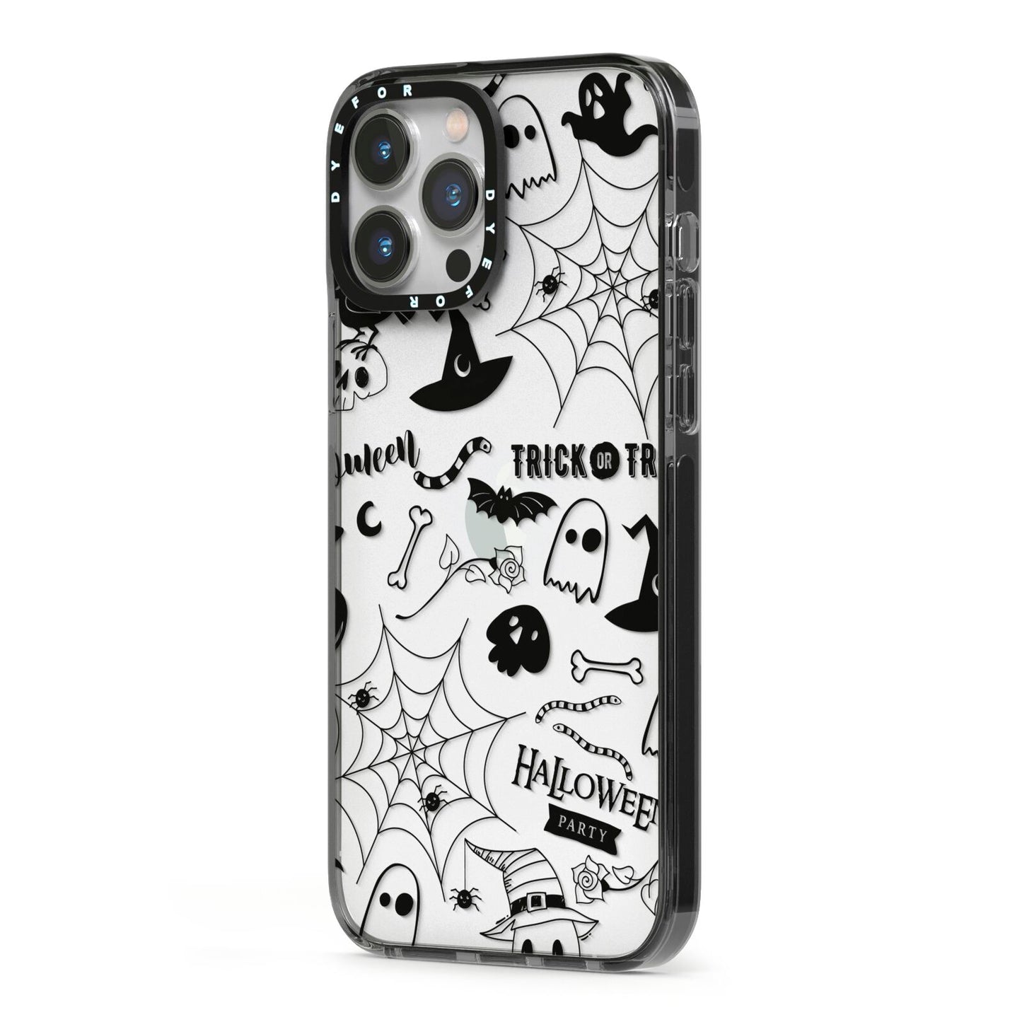 Monochrome Halloween Illustrations iPhone 13 Pro Max Black Impact Case Side Angle on Silver phone