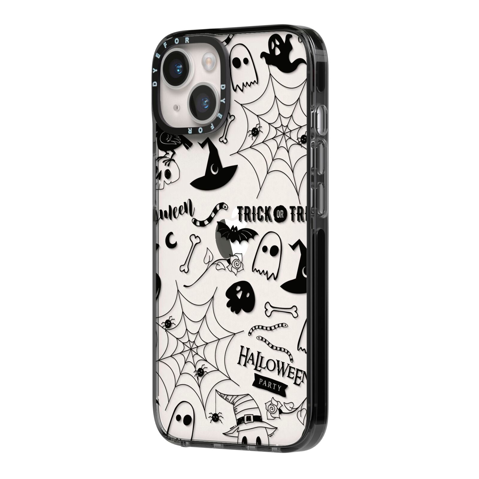 Monochrome Halloween Illustrations iPhone 14 Black Impact Case Side Angle on Silver phone