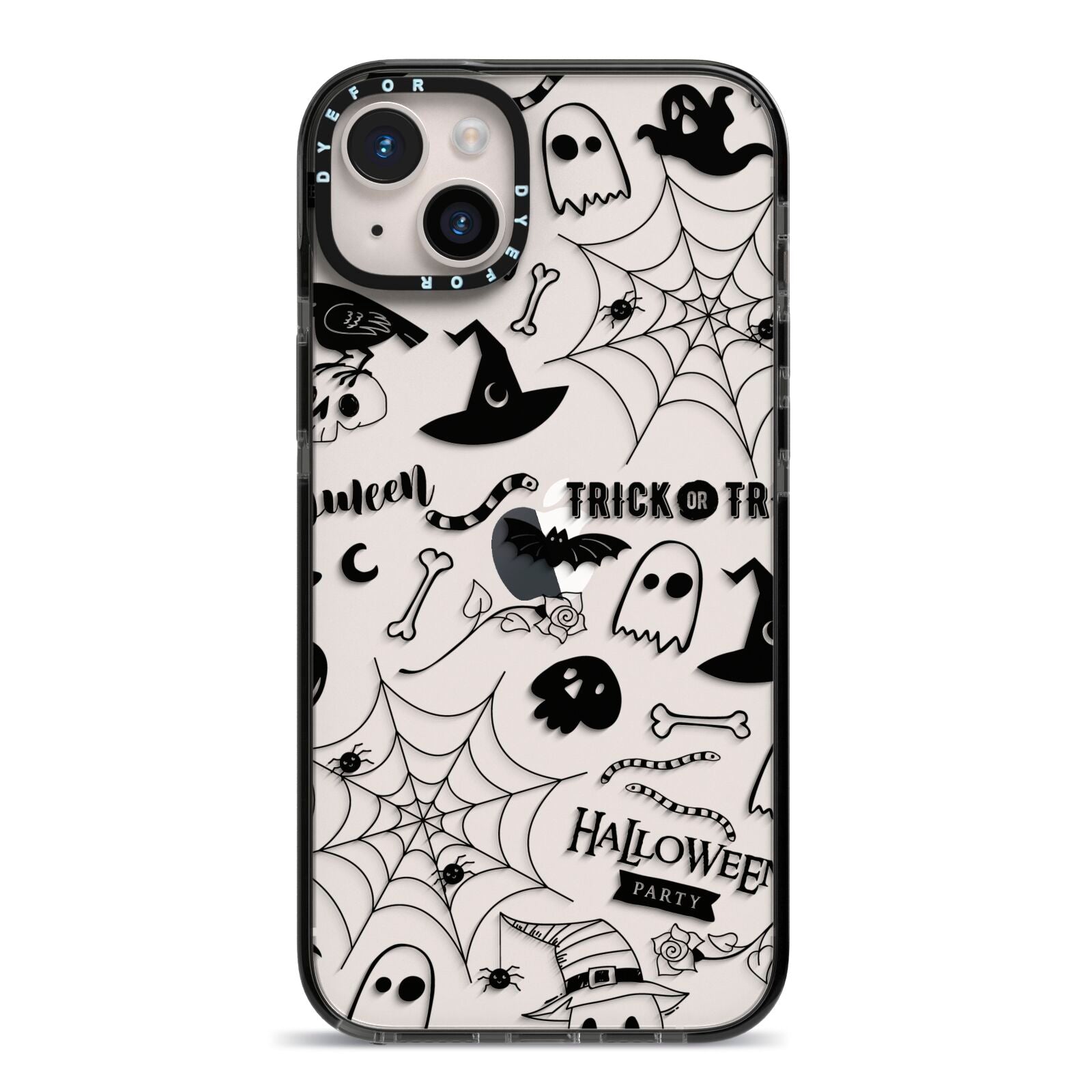Monochrome Halloween Illustrations iPhone 14 Plus Black Impact Case on Silver phone