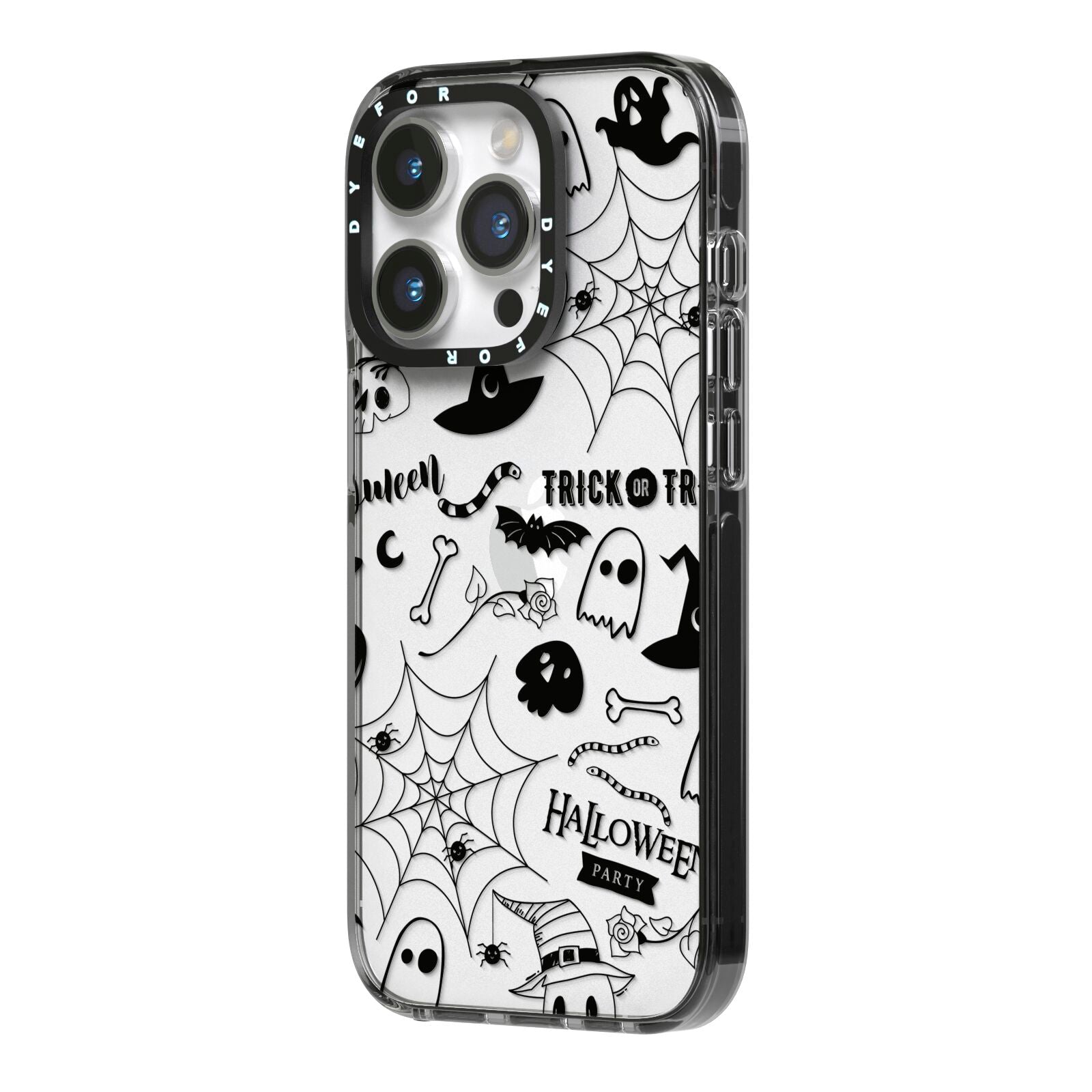 Monochrome Halloween Illustrations iPhone 14 Pro Black Impact Case Side Angle on Silver phone