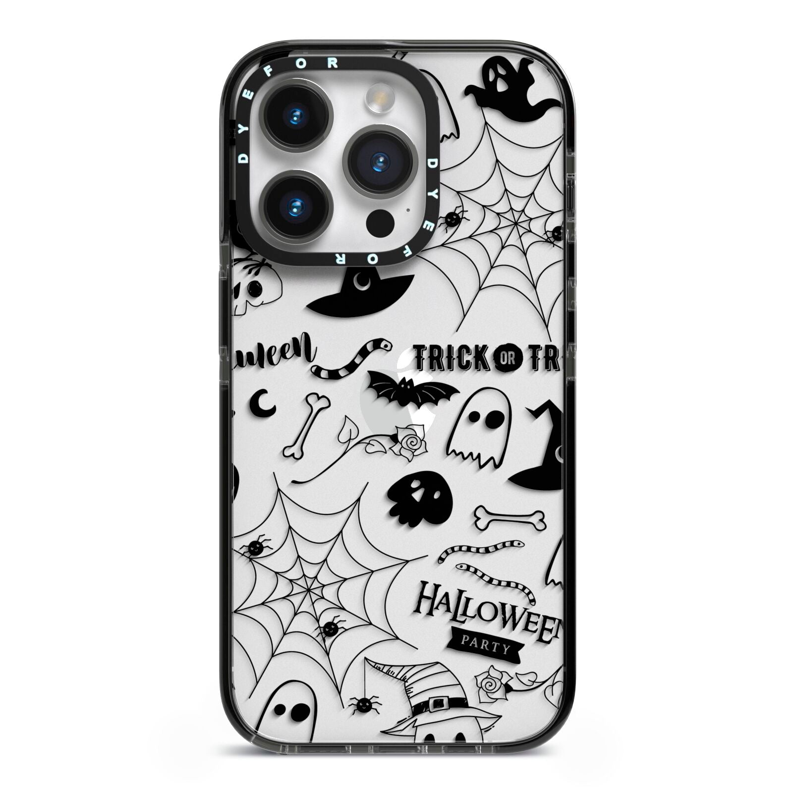 Monochrome Halloween Illustrations iPhone 14 Pro Black Impact Case on Silver phone
