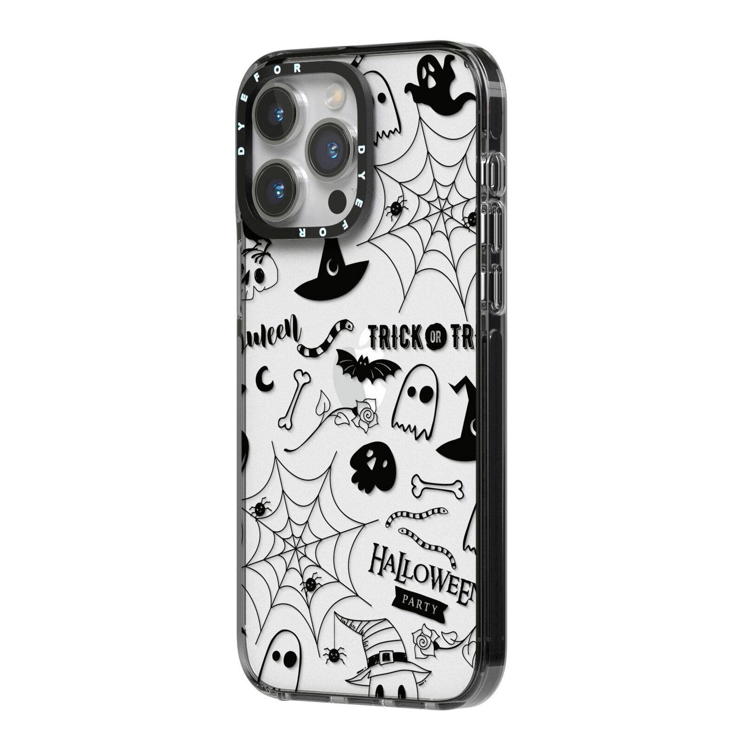 Monochrome Halloween Illustrations iPhone 14 Pro Max Black Impact Case Side Angle on Silver phone