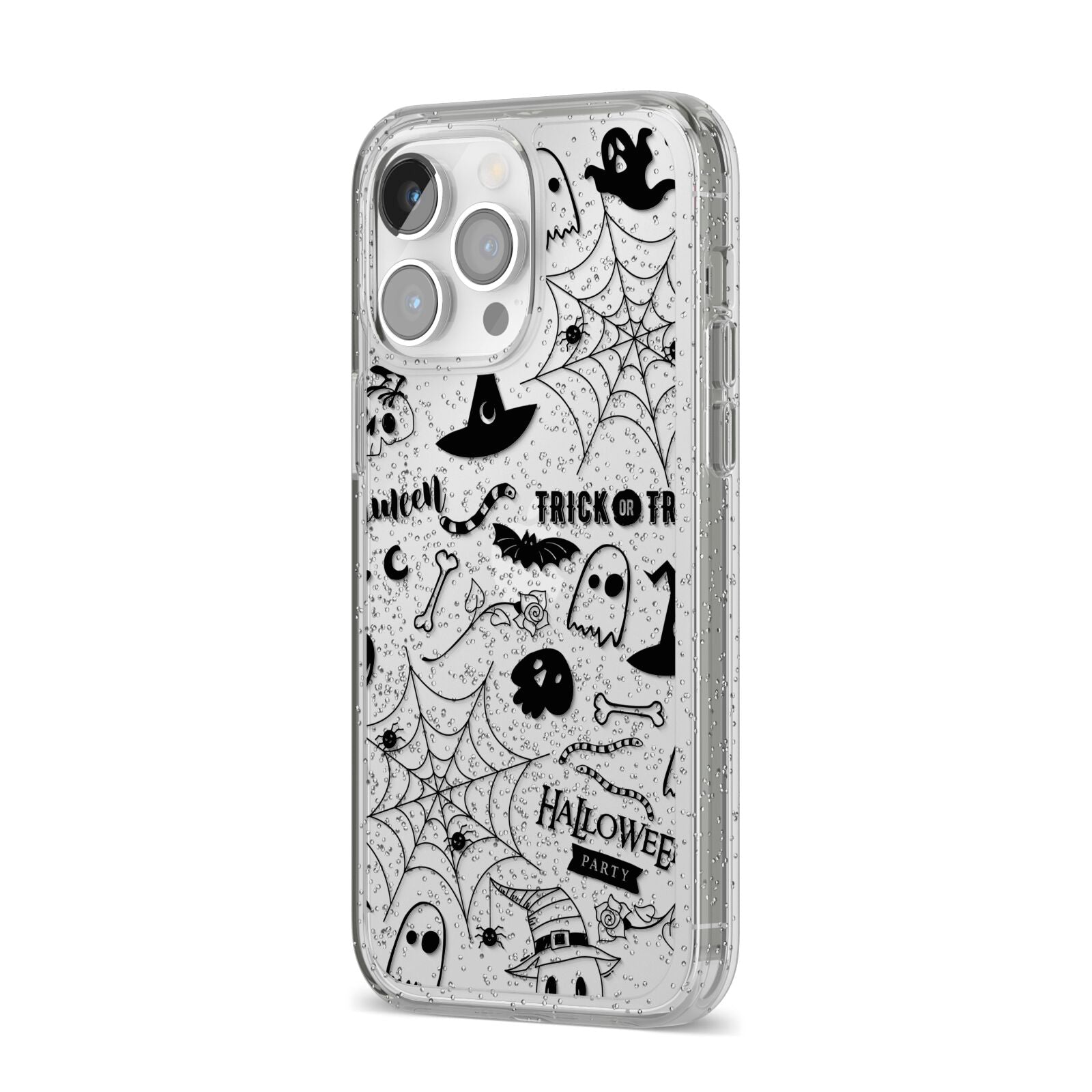 Monochrome Halloween Illustrations iPhone 14 Pro Max Glitter Tough Case Silver Angled Image