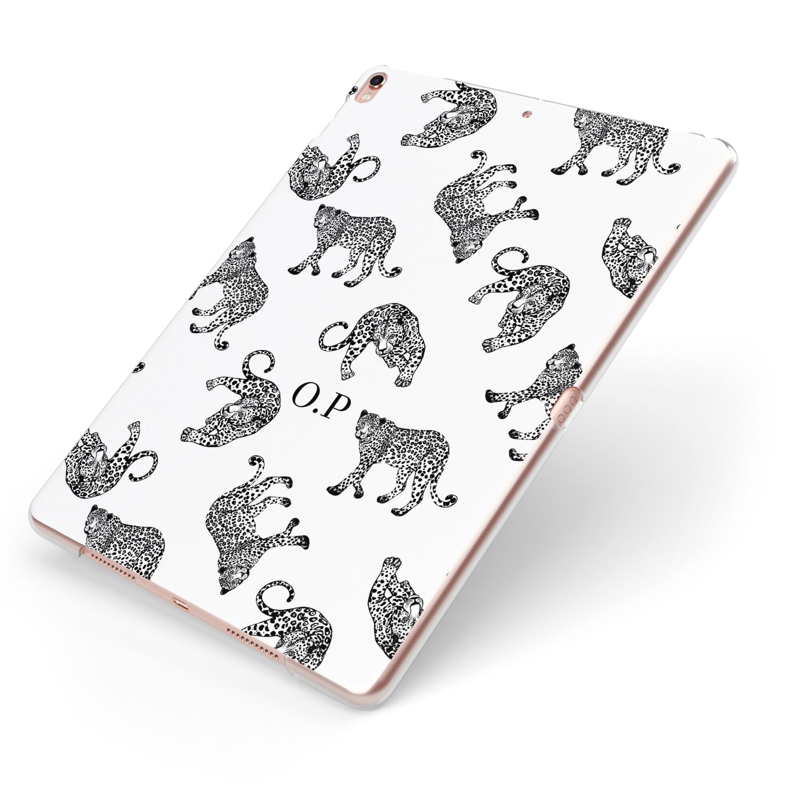 Monochrome Leopard Print Personalised Apple iPad Case on Rose Gold iPad Side View