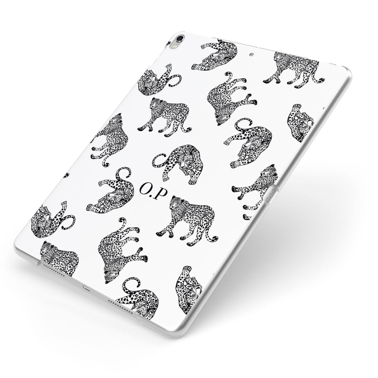 Monochrome Leopard Print Personalised Apple iPad Case on Silver iPad Side View