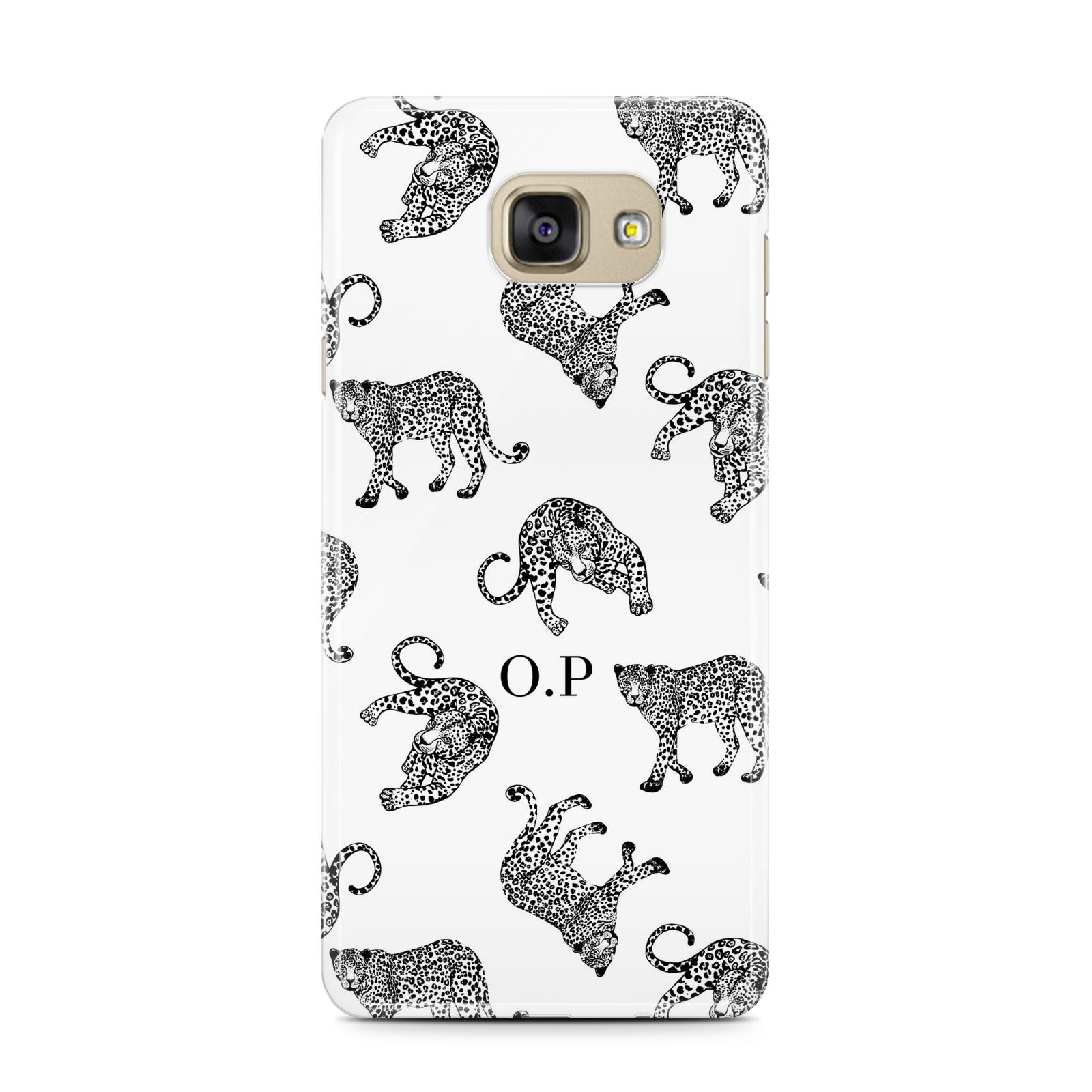 Monochrome Leopard Print Personalised Samsung Galaxy A7 2016 Case on gold phone