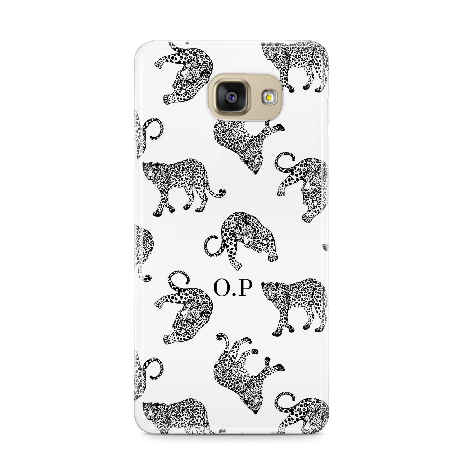 Monochrome Leopard Print Personalised Samsung Galaxy A9 2016 Case on gold phone