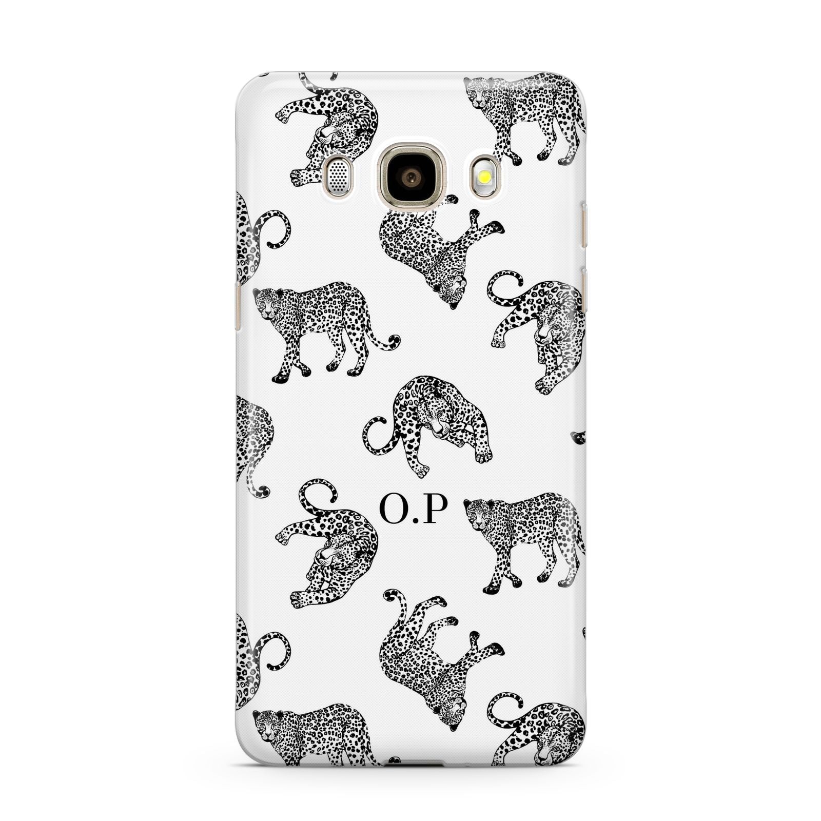 Monochrome Leopard Print Personalised Samsung Galaxy J7 2016 Case on gold phone