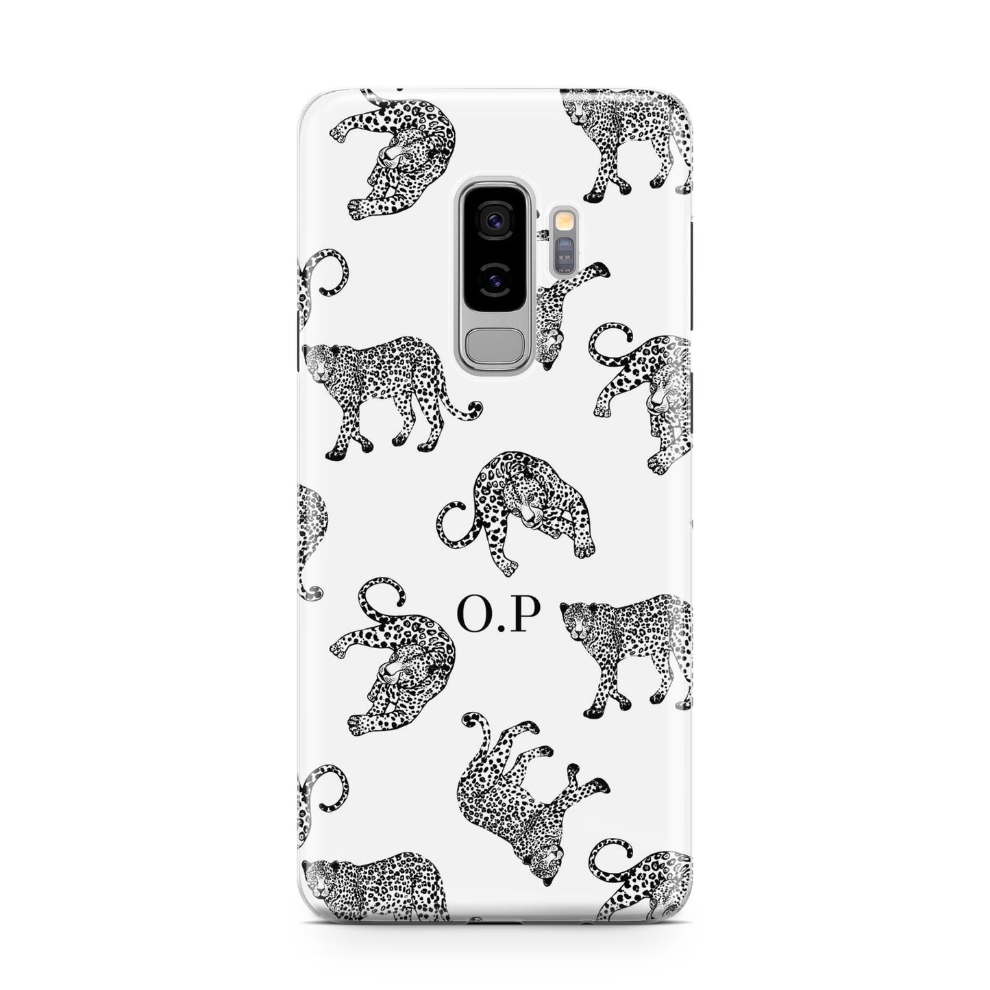 Monochrome Leopard Print Personalised Samsung Galaxy S9 Plus Case on Silver phone