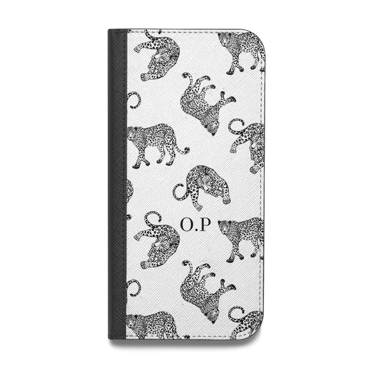 Monochrome Leopard Print Personalised Vegan Leather Flip iPhone Case