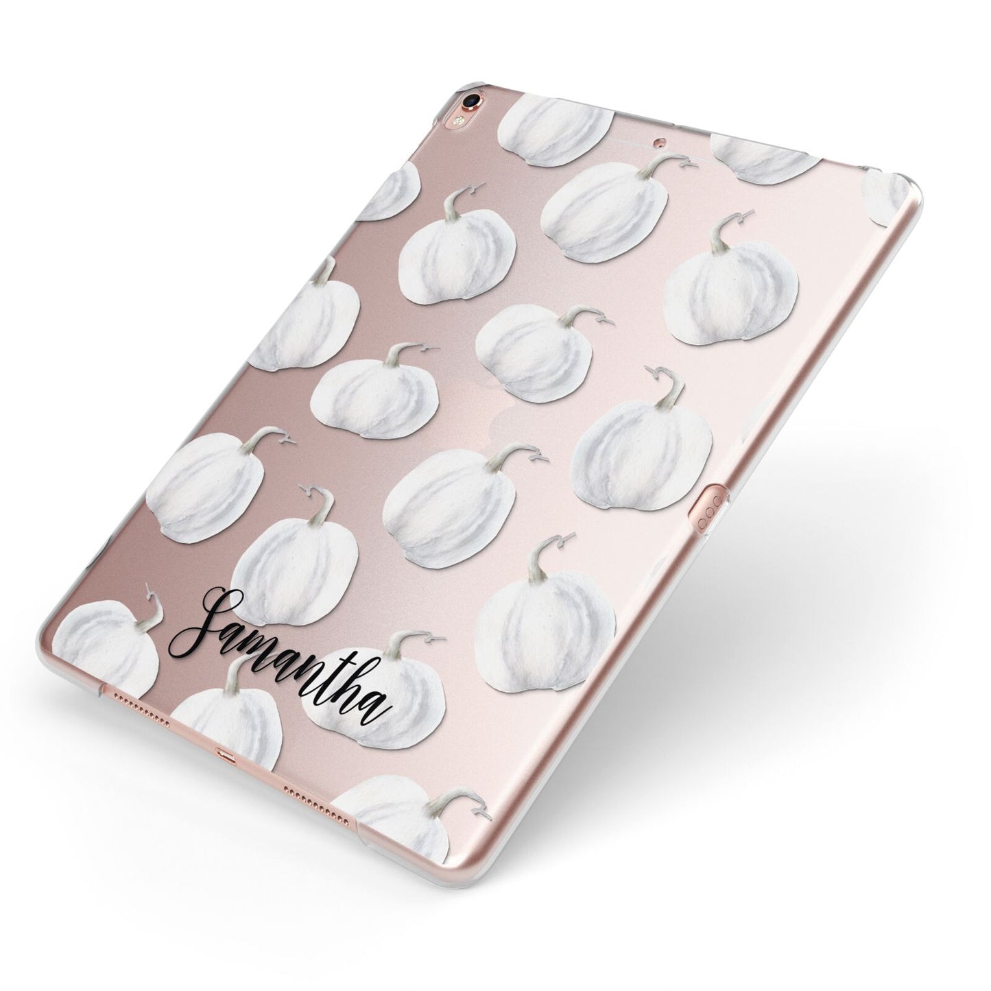 Monochrome Pumpkins with Text Apple iPad Case on Rose Gold iPad Side View