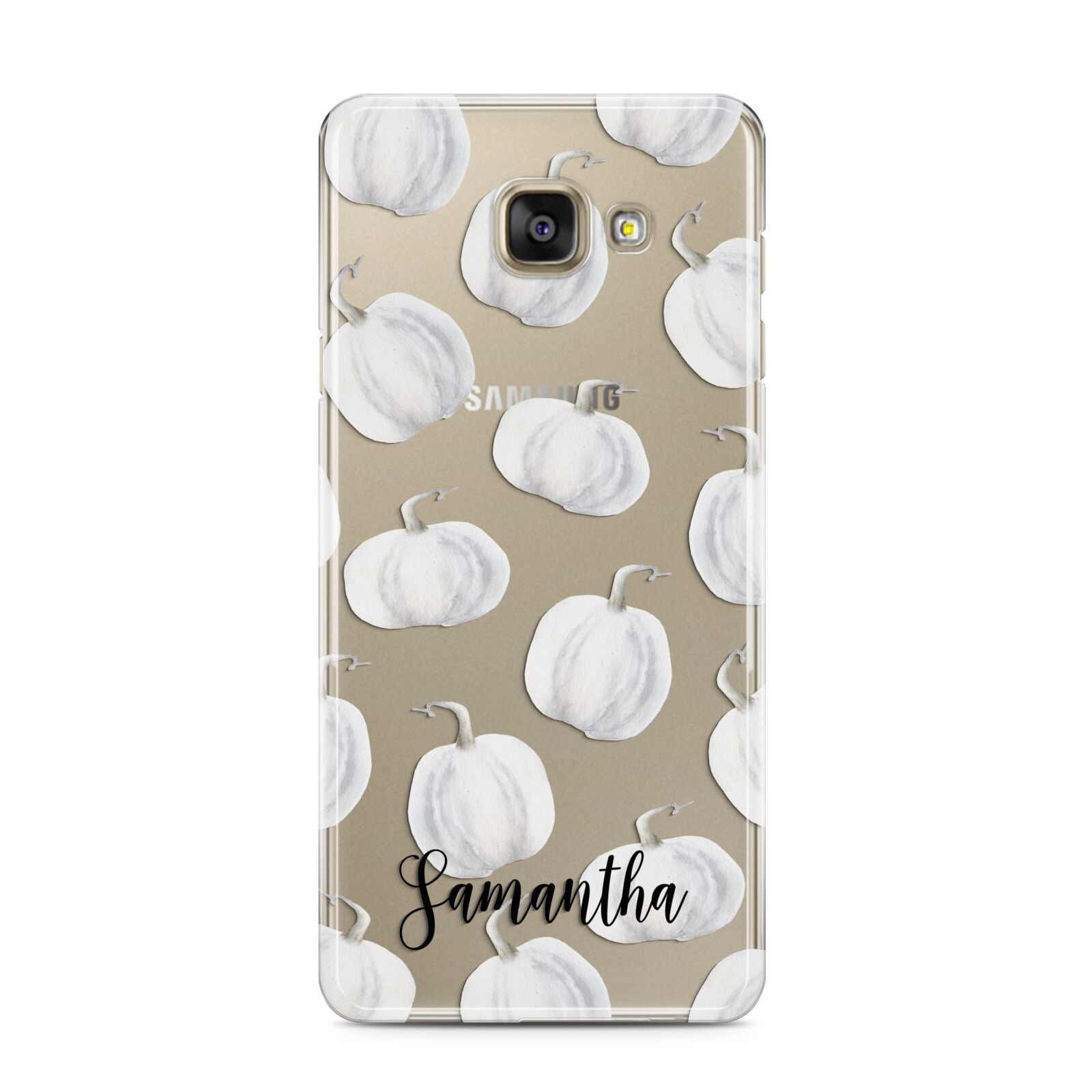 Monochrome Pumpkins with Text Samsung Galaxy A3 2016 Case on gold phone