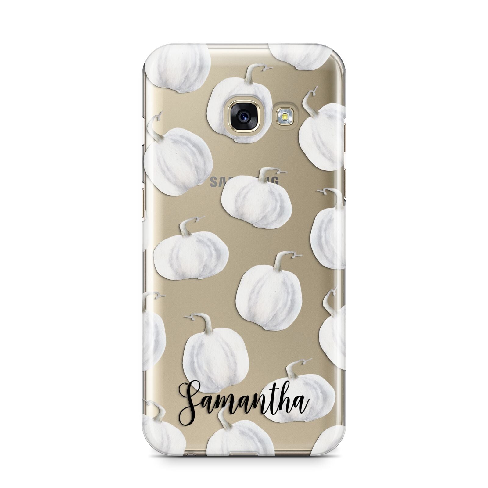 Monochrome Pumpkins with Text Samsung Galaxy A3 2017 Case on gold phone