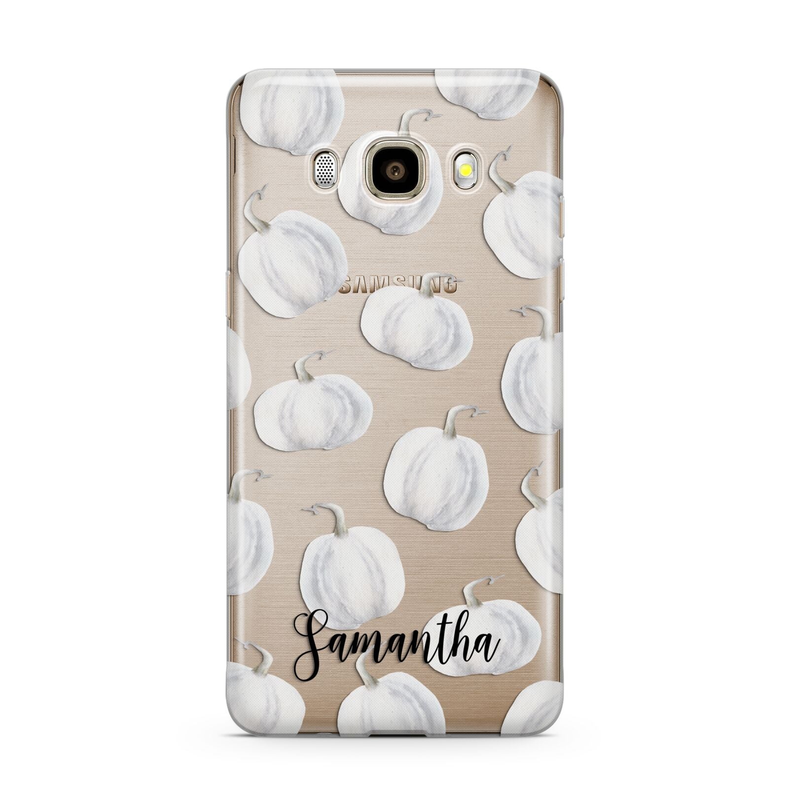 Monochrome Pumpkins with Text Samsung Galaxy J7 2016 Case on gold phone