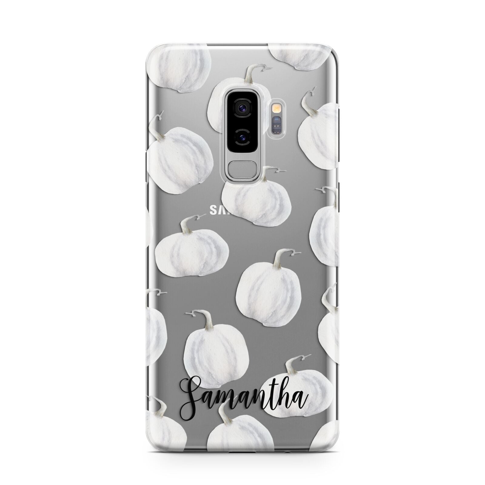 Monochrome Pumpkins with Text Samsung Galaxy S9 Plus Case on Silver phone