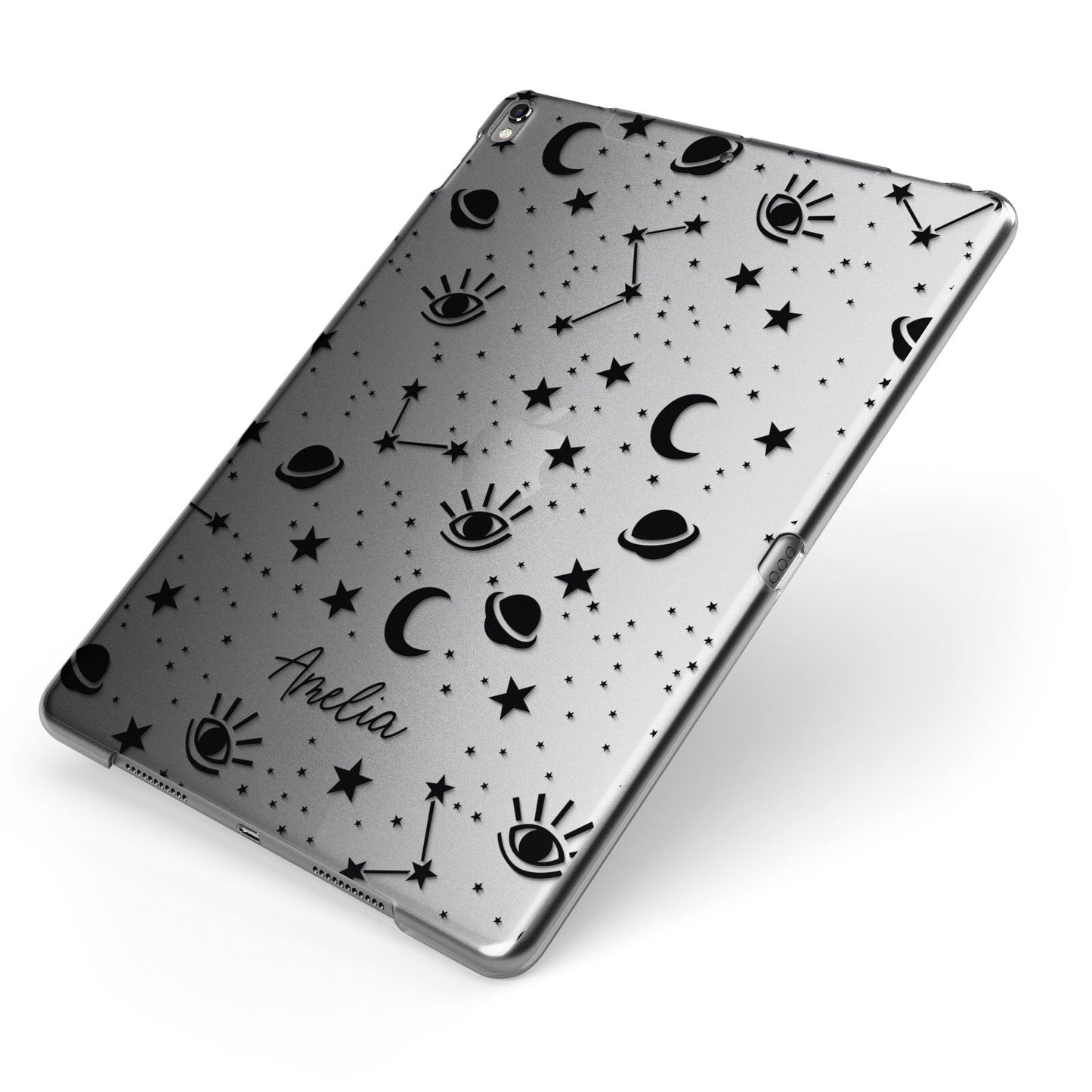 Monochrome Zodiac Constellations with Name Apple iPad Case on Grey iPad Side View