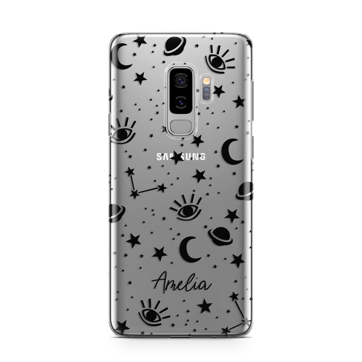 Monochrome Zodiac Constellations with Name Samsung Galaxy S9 Plus Case on Silver phone