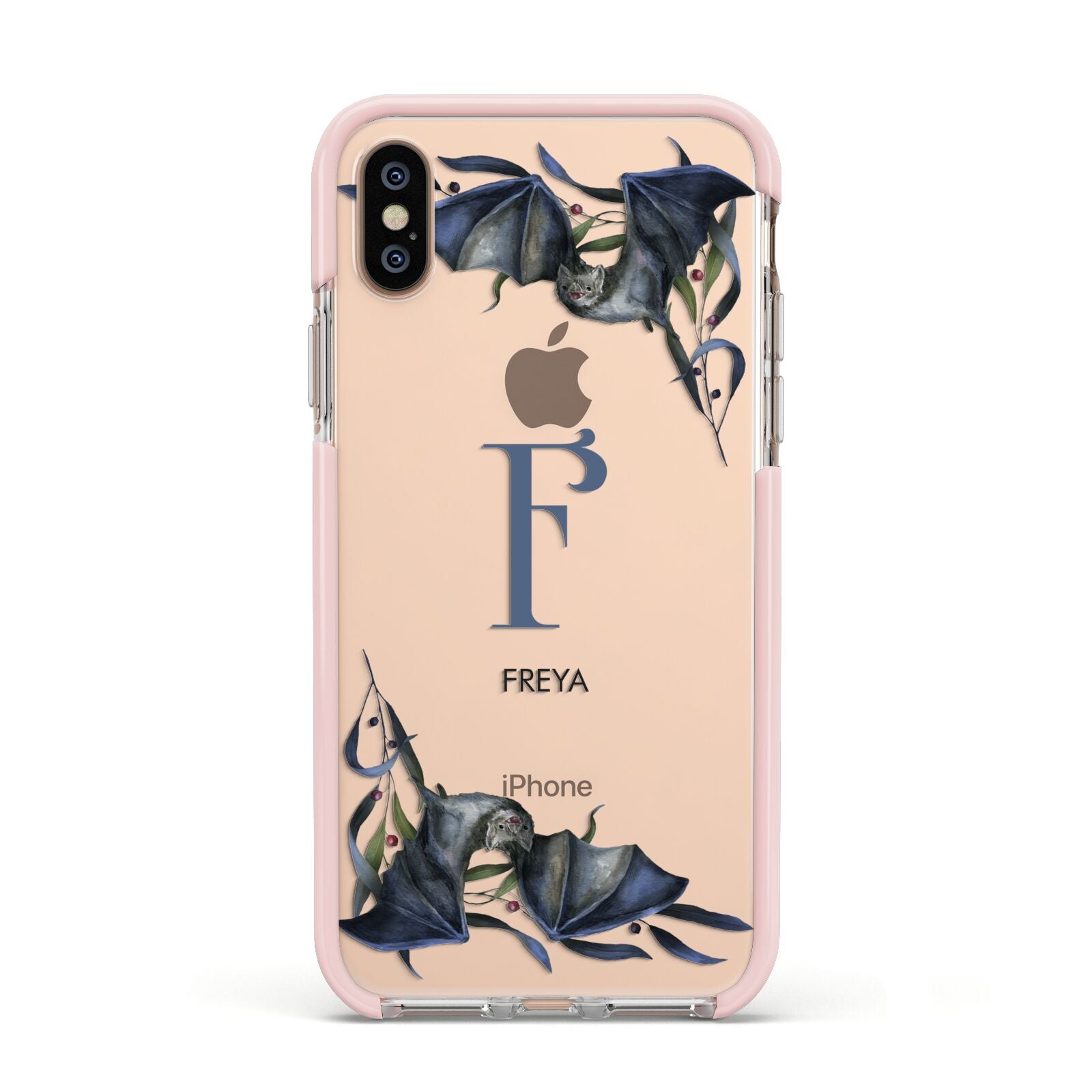 Monogram Bats Apple iPhone Xs Impact Case Pink Edge on Gold Phone