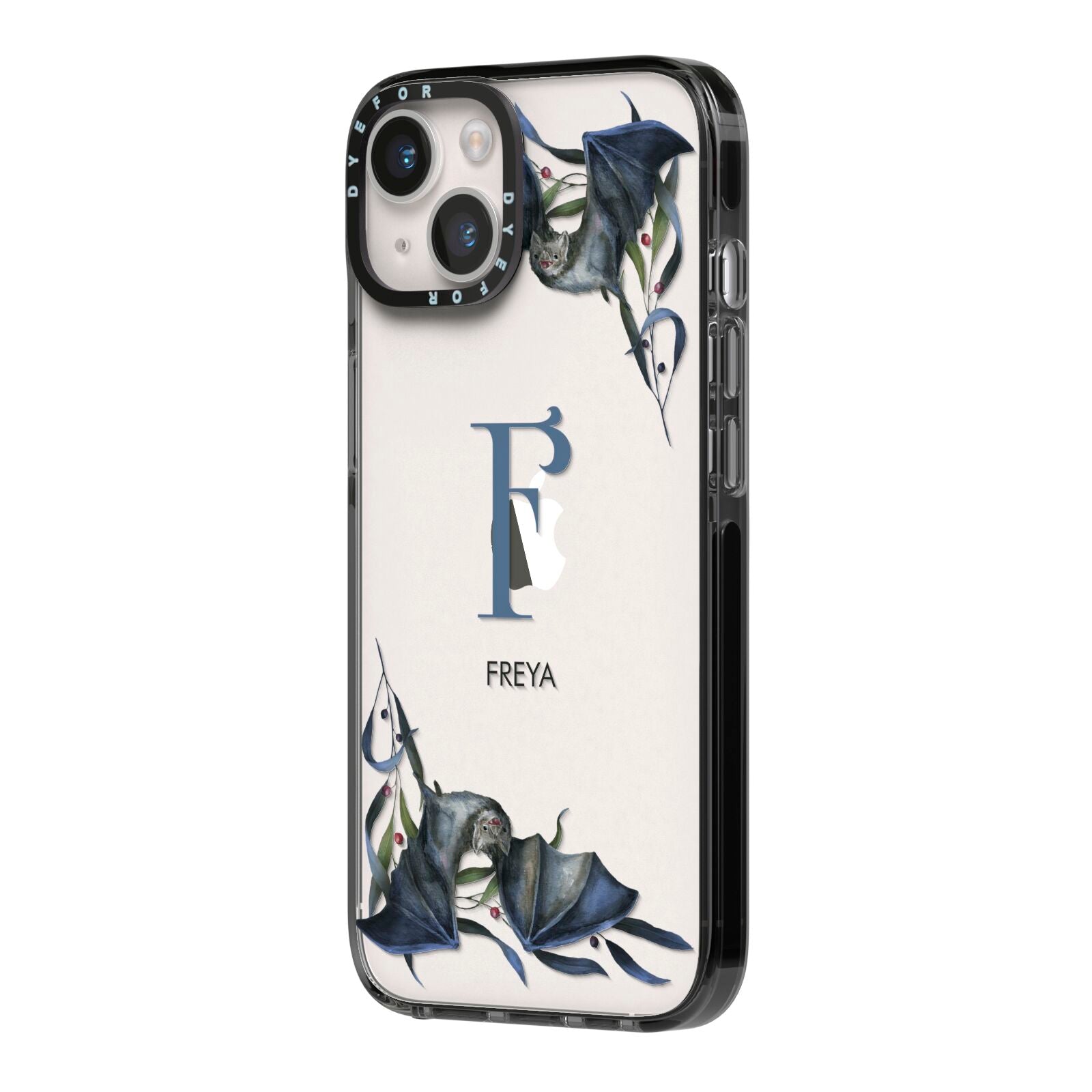 Monogram Bats iPhone 14 Black Impact Case Side Angle on Silver phone