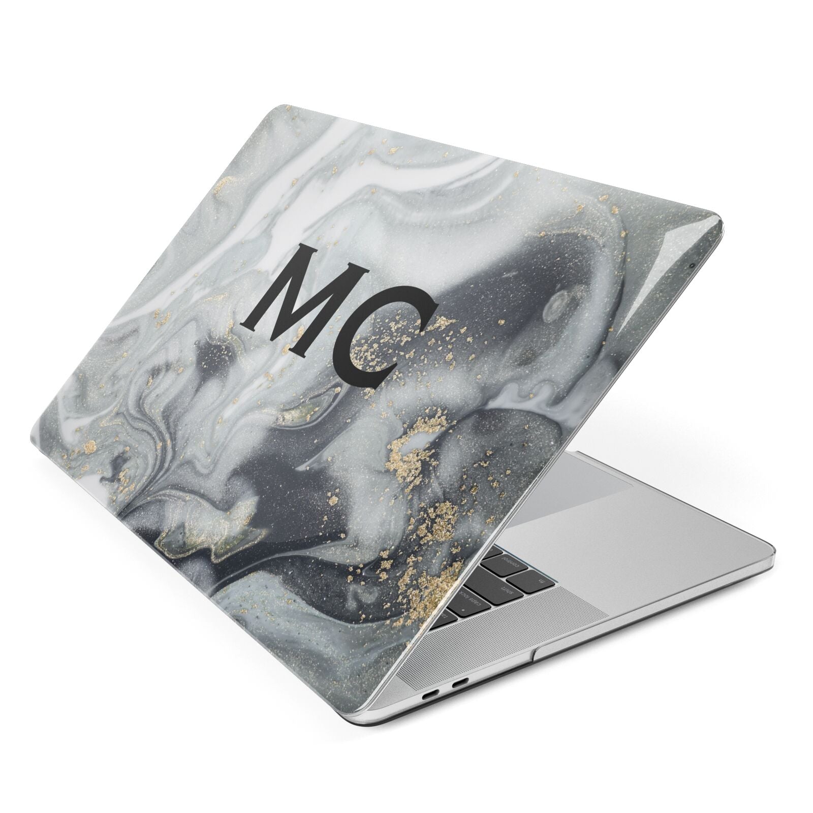 Monogram Black White Swirl Marble Apple MacBook Case Side View