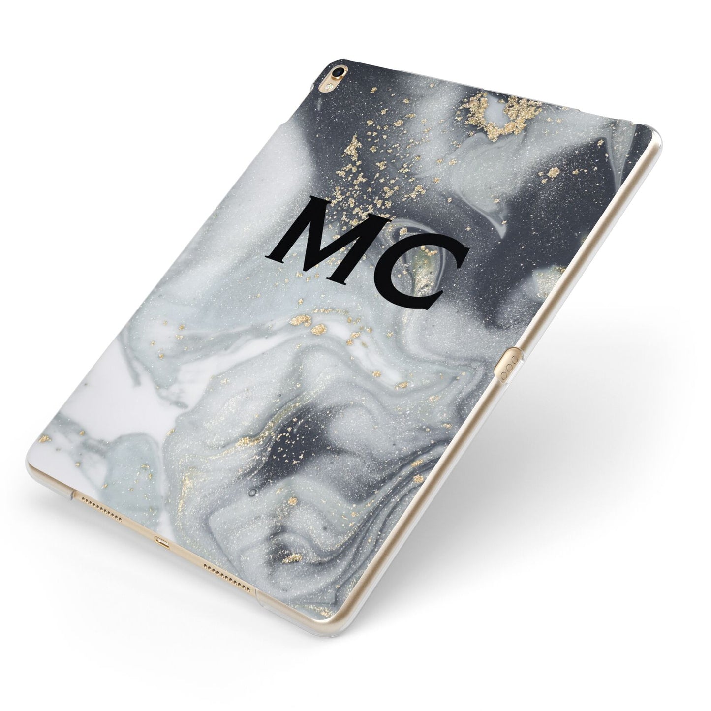 Monogram Black White Swirl Marble Apple iPad Case on Gold iPad Side View