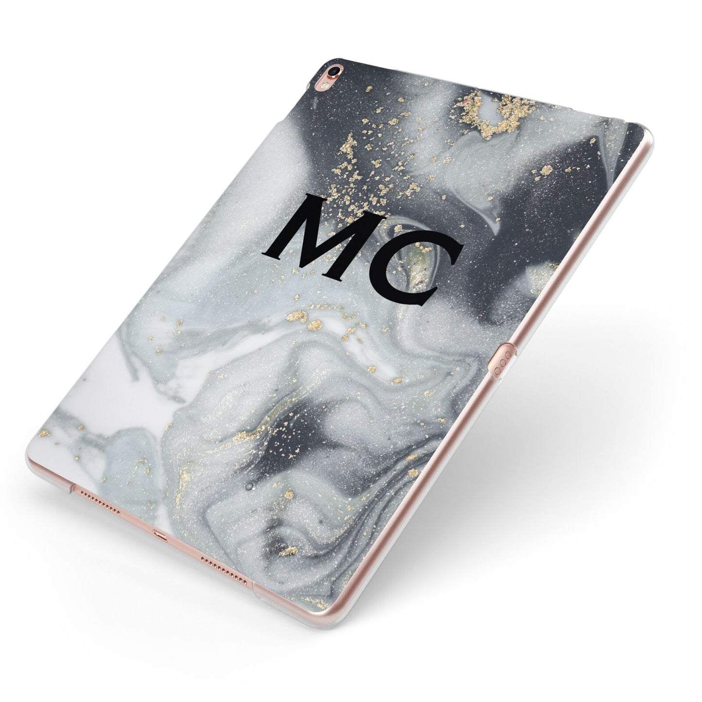 Monogram Black White Swirl Marble Apple iPad Case on Rose Gold iPad Side View