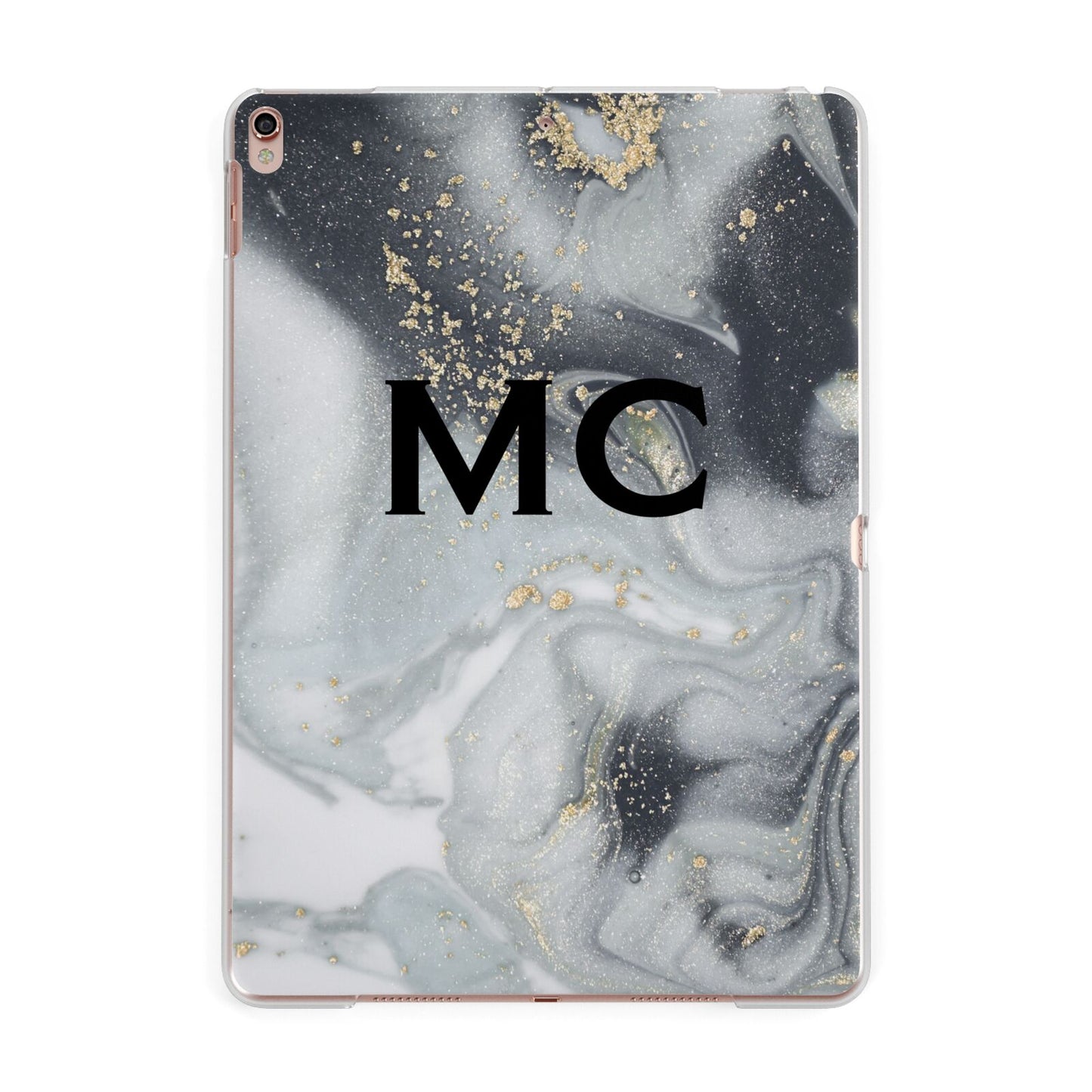 Monogram Black White Swirl Marble Apple iPad Rose Gold Case