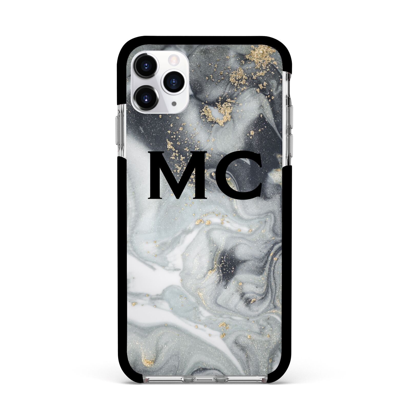 Monogram Black White Swirl Marble Apple iPhone 11 Pro Max in Silver with Black Impact Case