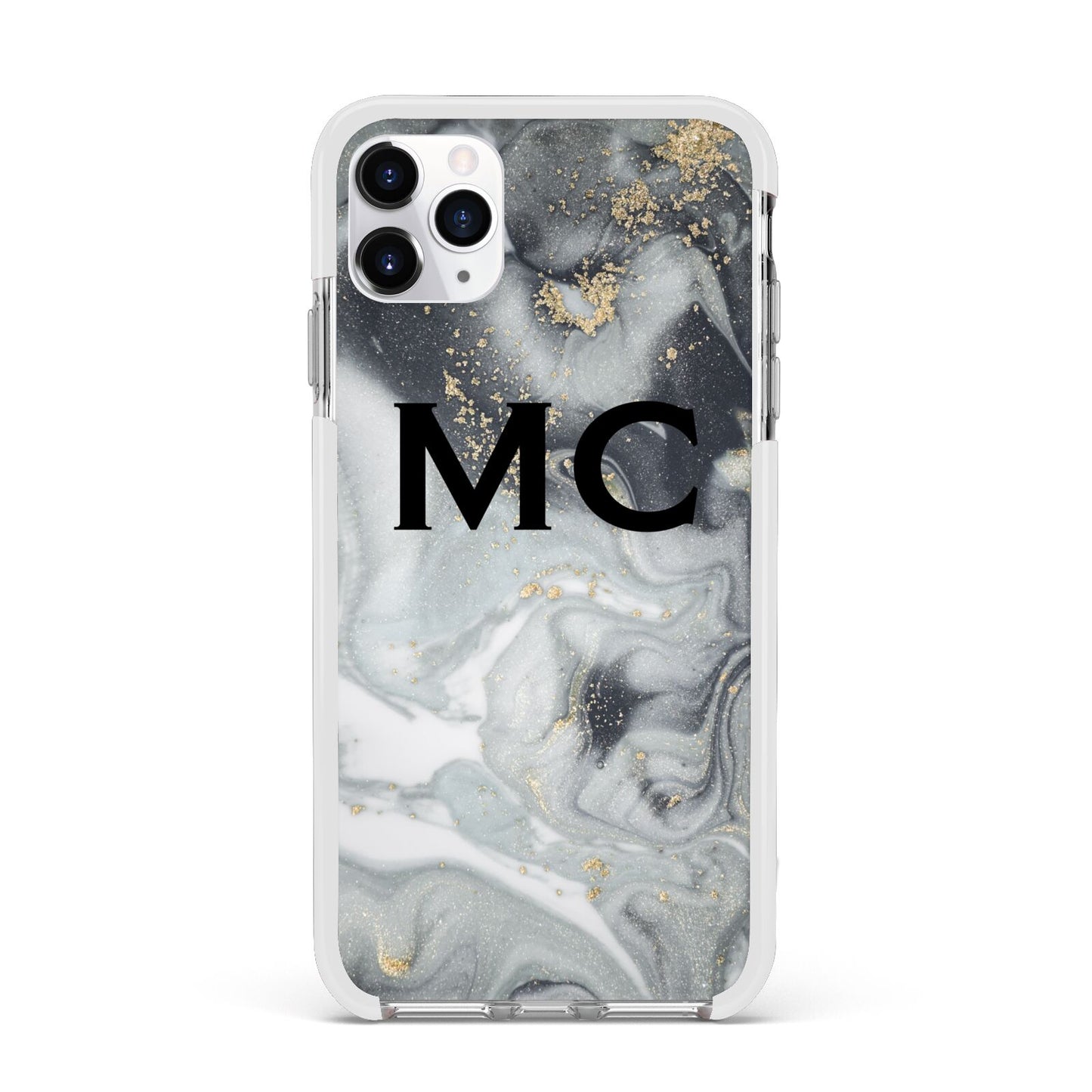 Monogram Black White Swirl Marble Apple iPhone 11 Pro Max in Silver with White Impact Case