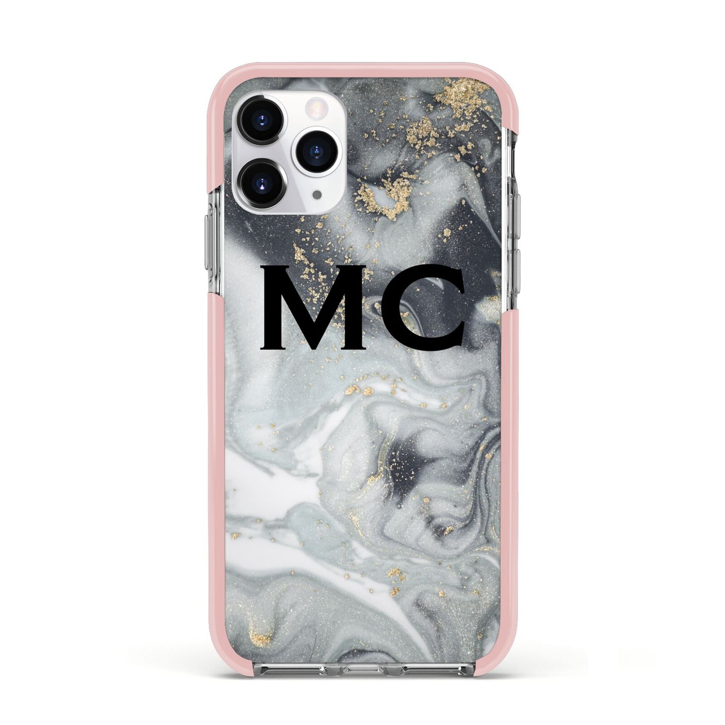 Monogram Black White Swirl Marble Apple iPhone 11 Pro in Silver with Pink Impact Case