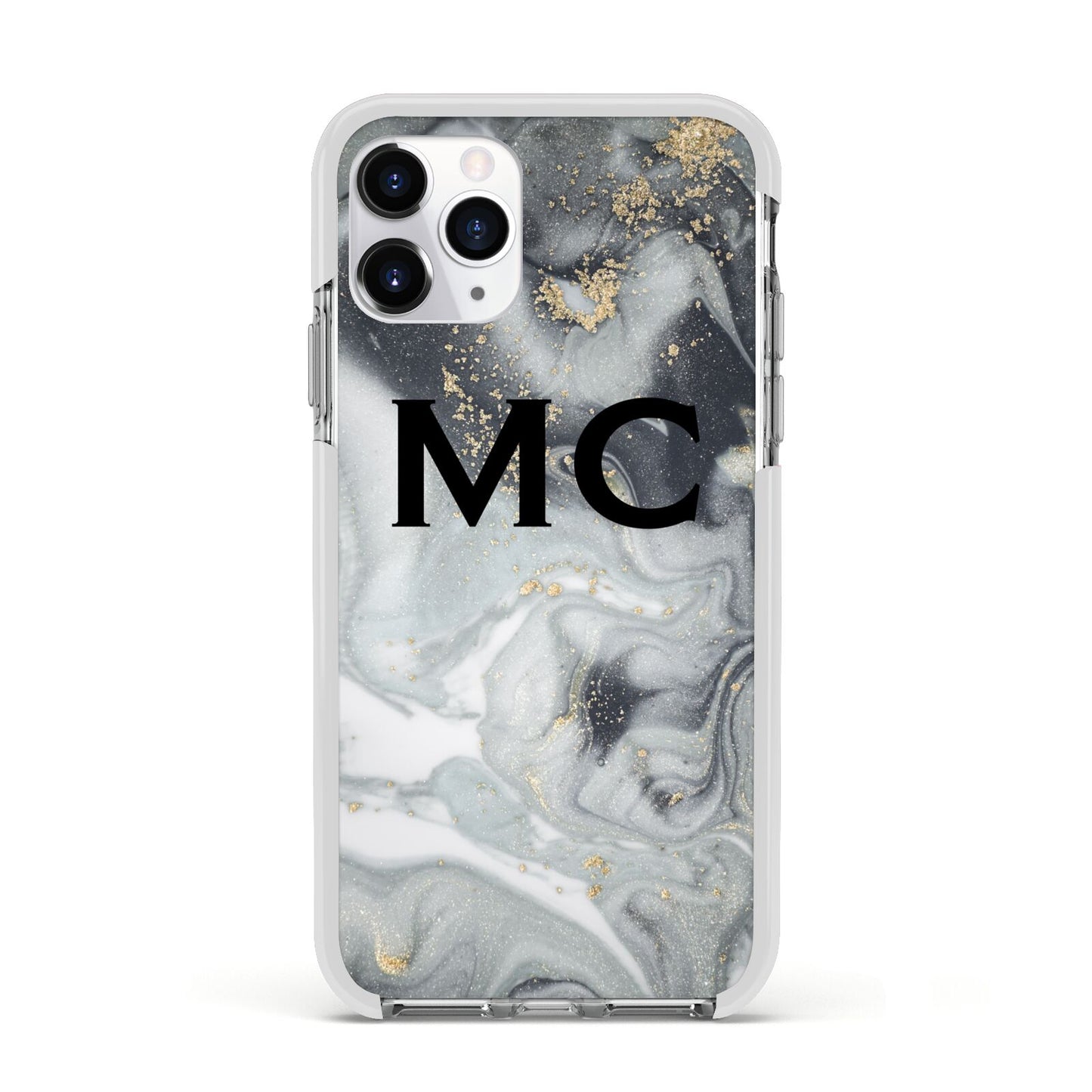 Monogram Black White Swirl Marble Apple iPhone 11 Pro in Silver with White Impact Case