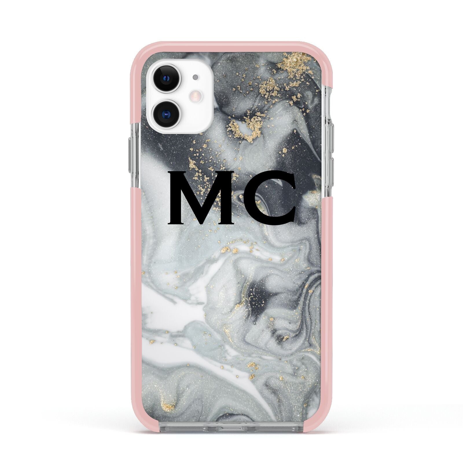 Monogram Black White Swirl Marble Apple iPhone 11 in White with Pink Impact Case