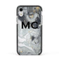 Monogram Black White Swirl Marble Apple iPhone XR Impact Case Black Edge on Silver Phone