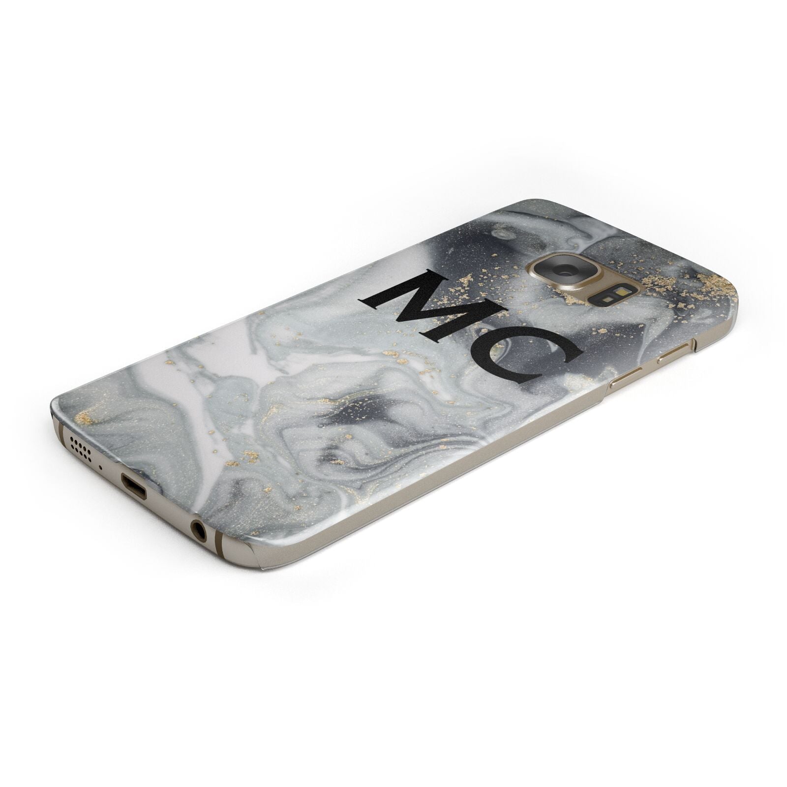 Monogram Black White Swirl Marble Protective Samsung Galaxy Case Angled Image