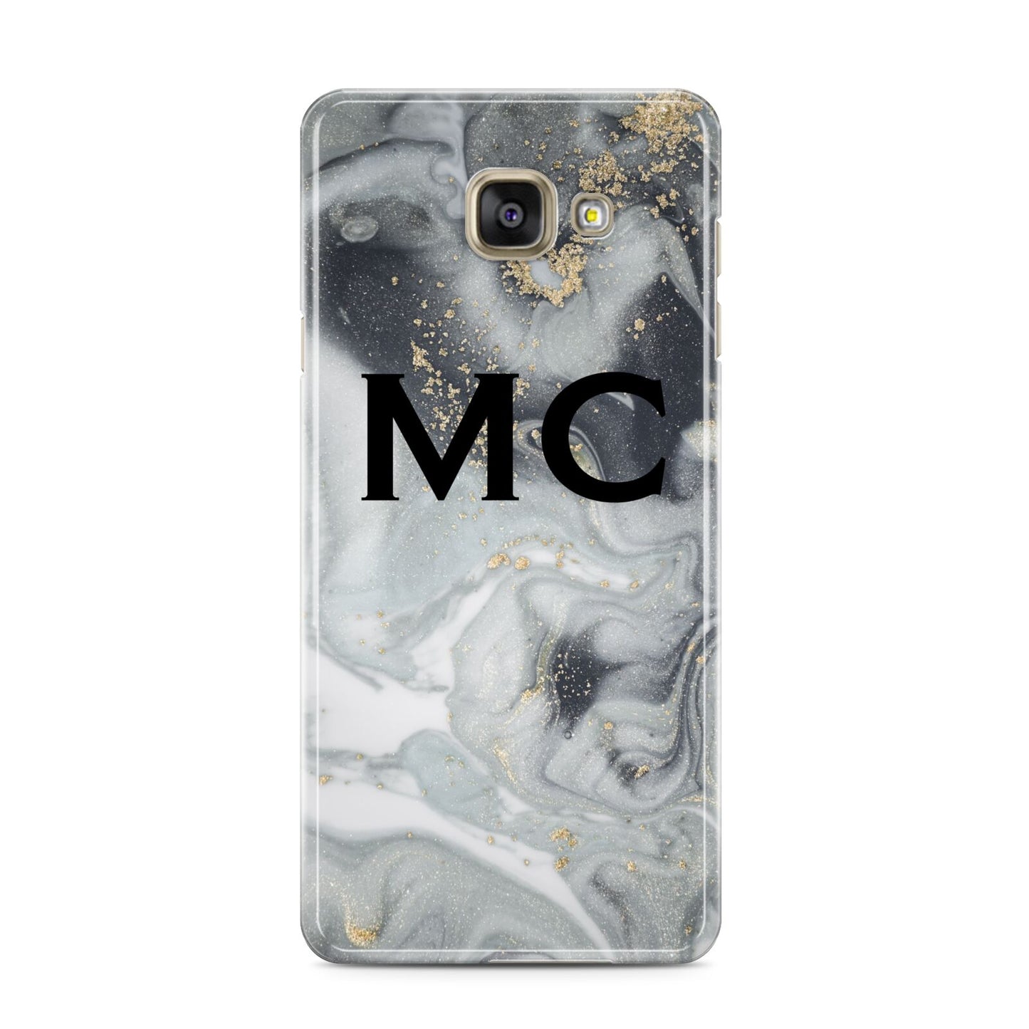 Monogram Black White Swirl Marble Samsung Galaxy A3 2016 Case on gold phone