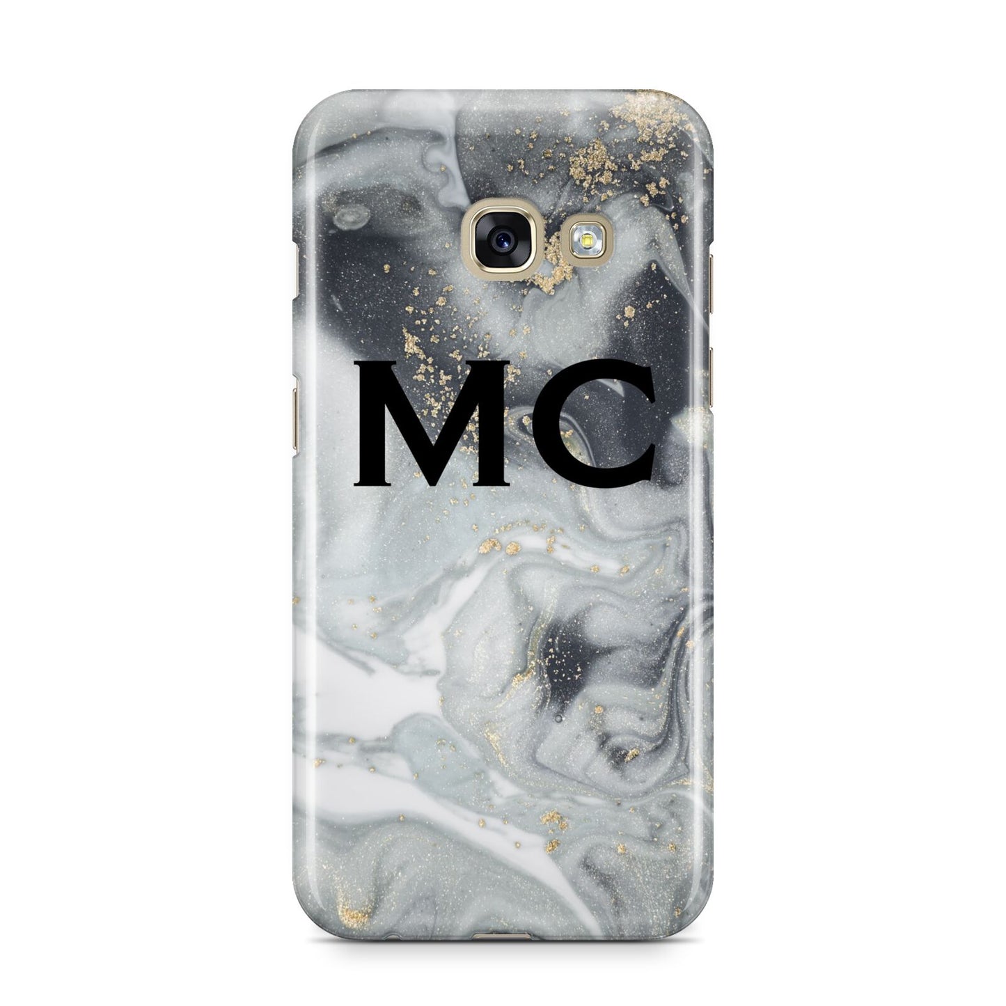 Monogram Black White Swirl Marble Samsung Galaxy A3 2017 Case on gold phone