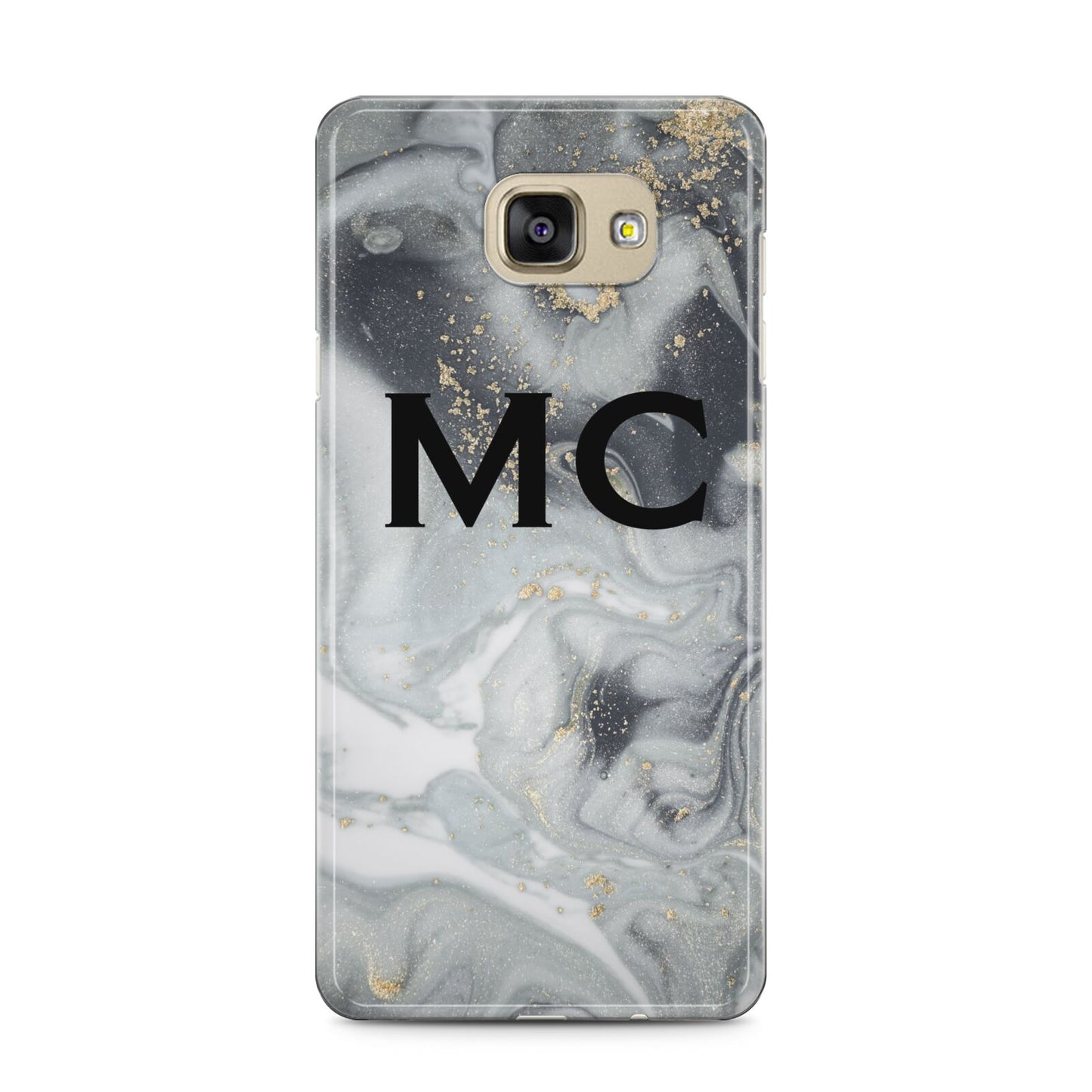 Monogram Black White Swirl Marble Samsung Galaxy A5 2016 Case on gold phone