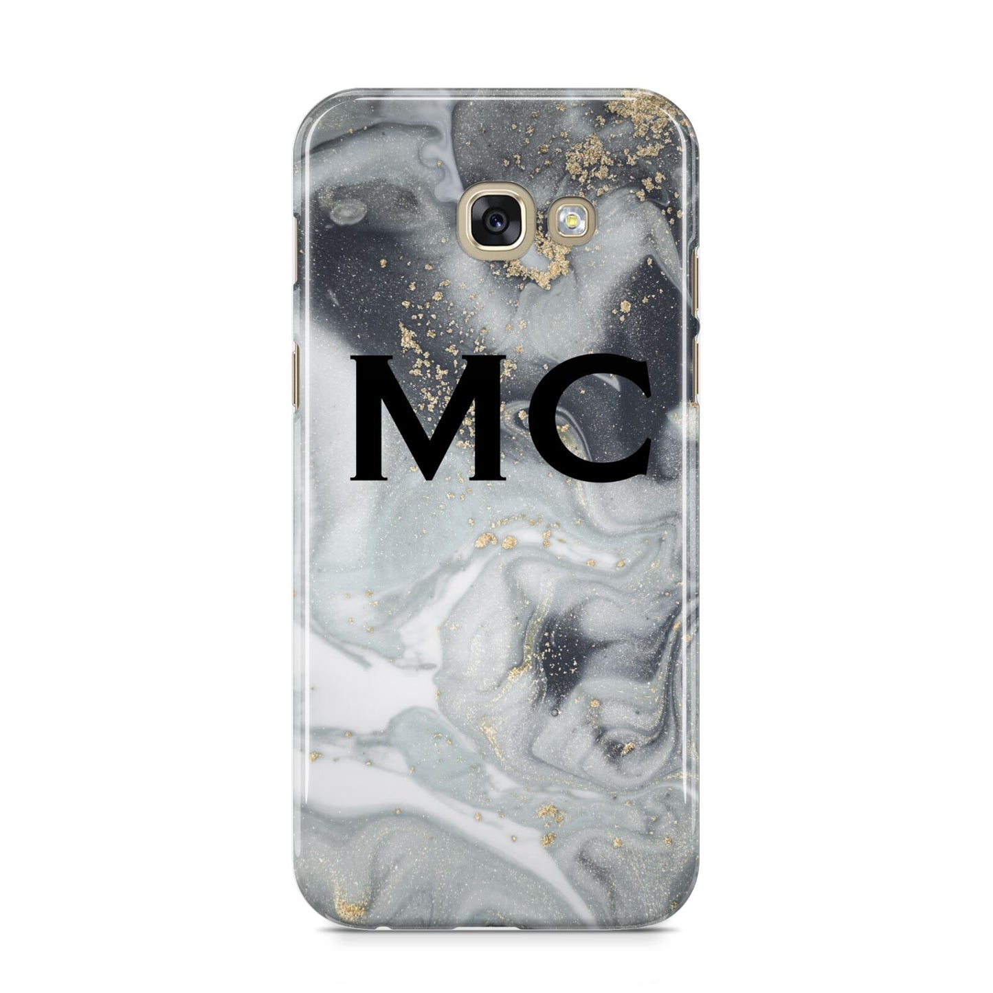 Monogram Black White Swirl Marble Samsung Galaxy A5 2017 Case on gold phone