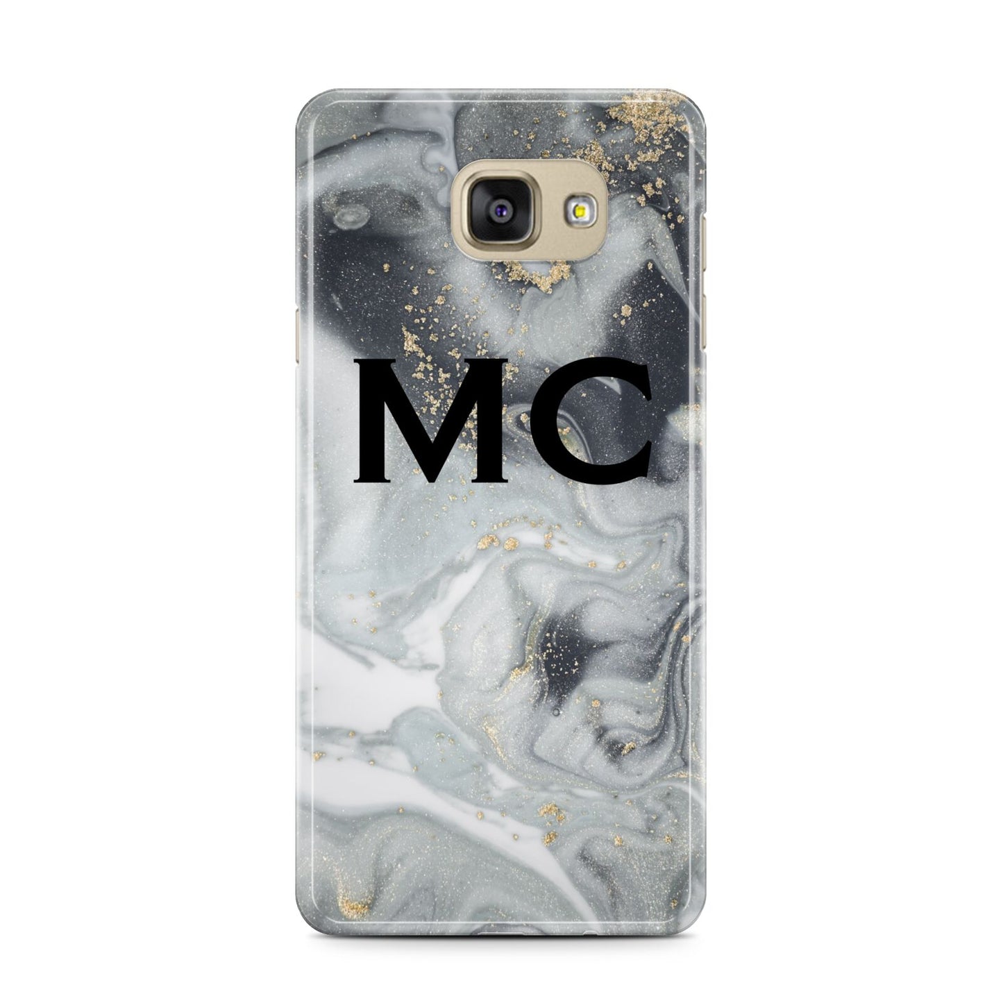 Monogram Black White Swirl Marble Samsung Galaxy A7 2016 Case on gold phone