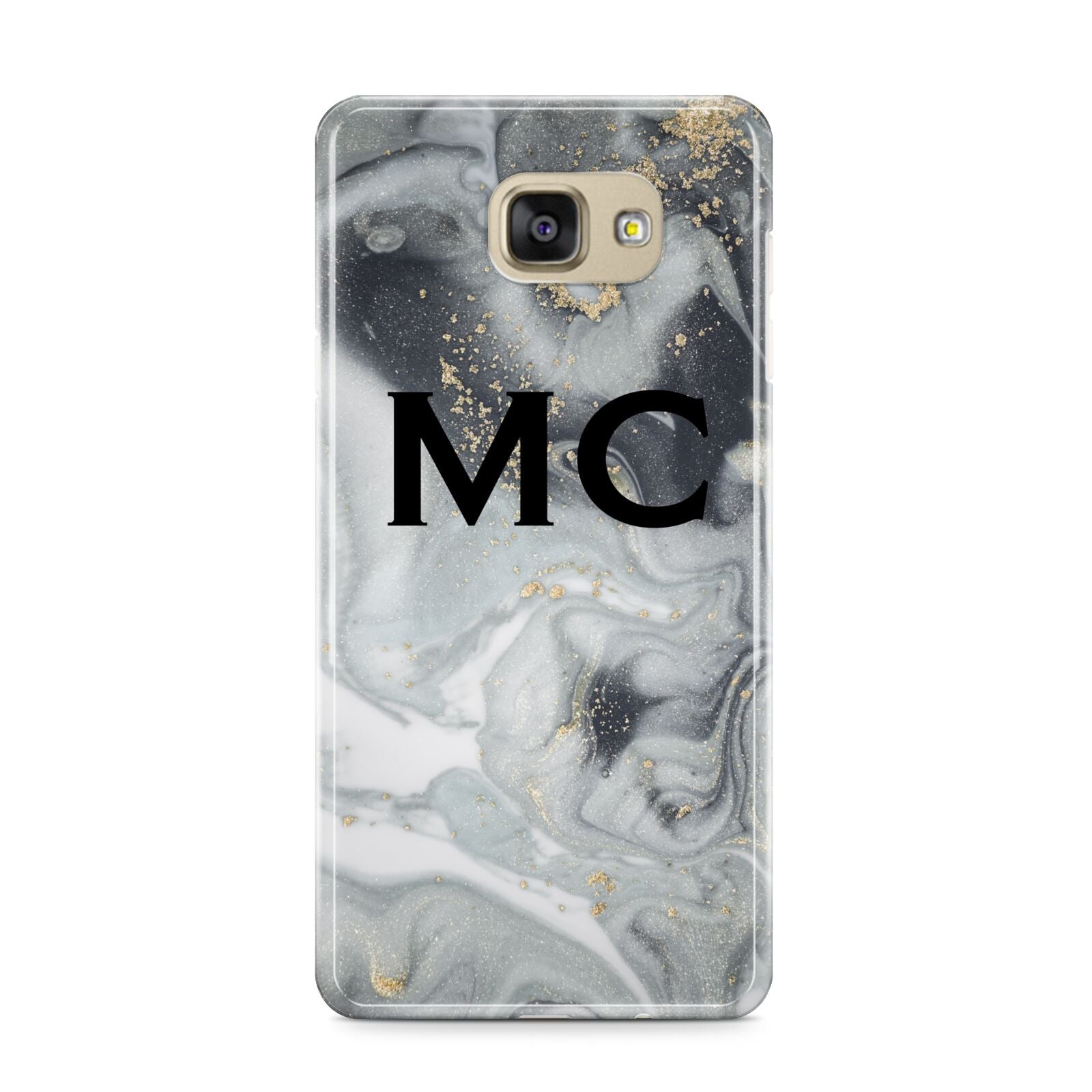 Monogram Black White Swirl Marble Samsung Galaxy A9 2016 Case on gold phone