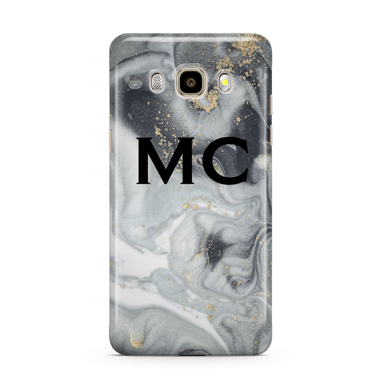 Monogram Black White Swirl Marble Samsung Galaxy J7 2016 Case on gold phone