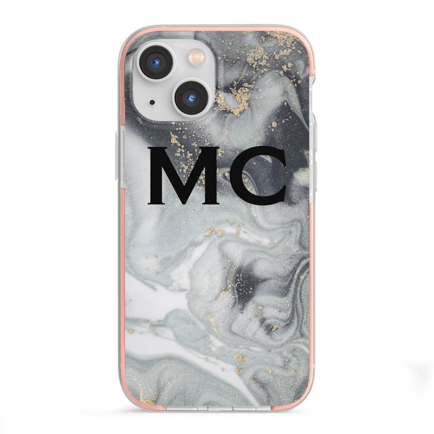 Monogram Black White Swirl Marble iPhone 13 Mini TPU Impact Case with Pink Edges
